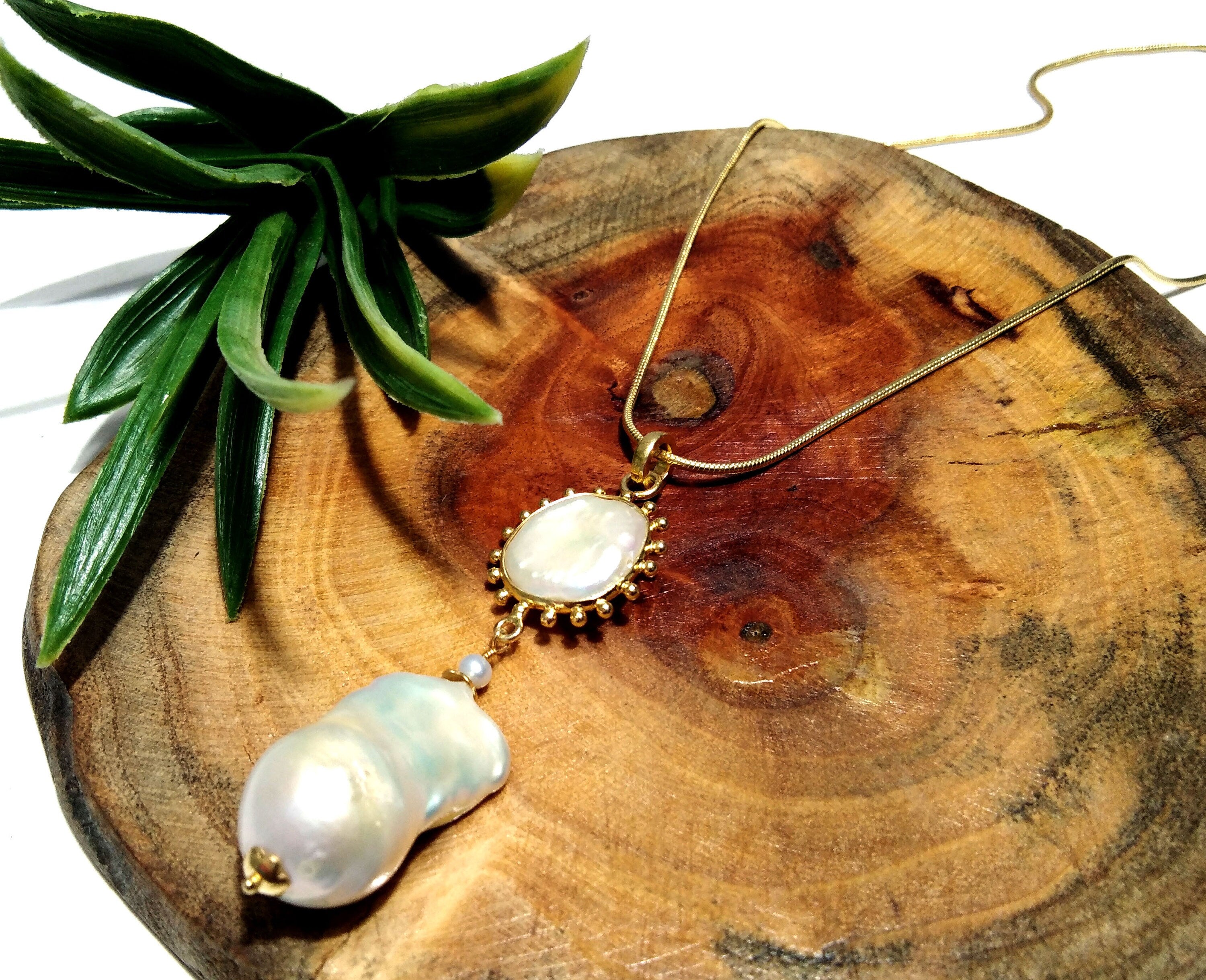 Natural Fresh Water Baroque Pearl Gemstone Chain Necklace Pendant, 925 Starling Silver Gold Plated Chain Necklace 18''Inche Gift Necklace