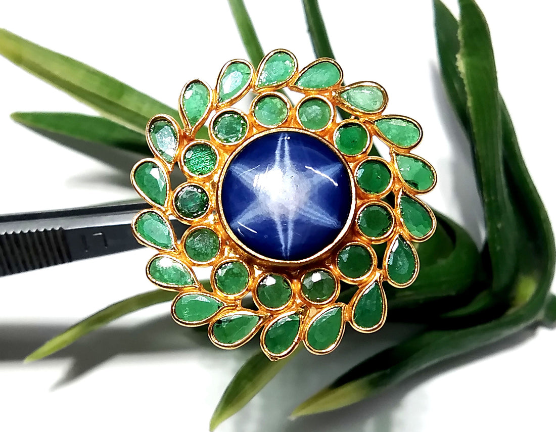 Natural Blue Sapphire Lindy Star & Green Zircon Polki Ring, 925 Silver With Gold Plated Ring, Handmade Jewelry Ring, Gift For Girls/Women
