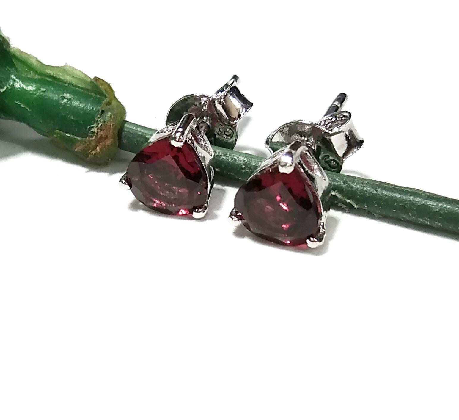 Natural Garnet Stud Earrings, 925 Starling Silver Earring Jewelry, Red Garnet Faceted Heart Shape Stone Size 6x6 mm Christmas Gift For Women