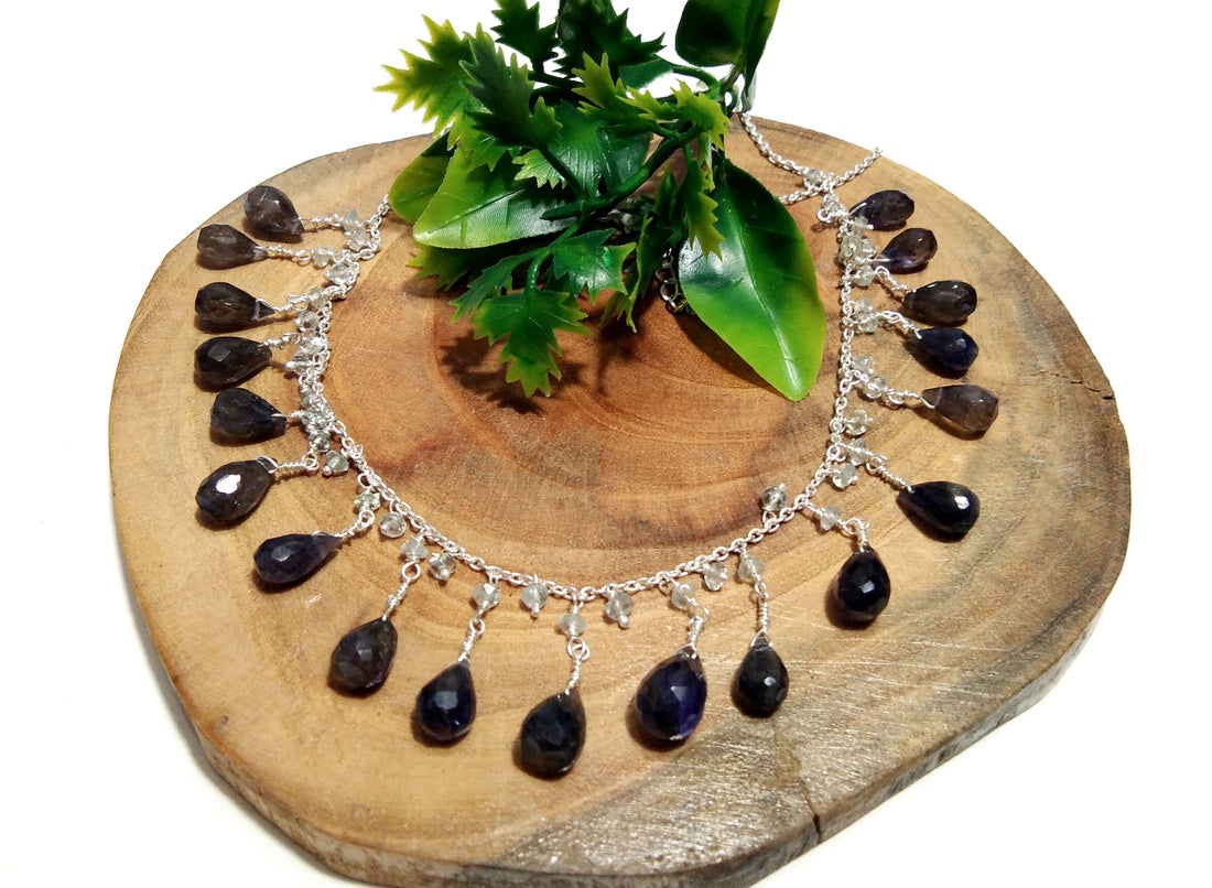 Natural Iolite Drop's Stone Chain Necklace Jewelry, 925 Starling Silver Chain Necklace, Top Color Iolite Gift Necklace, For Girls & Women