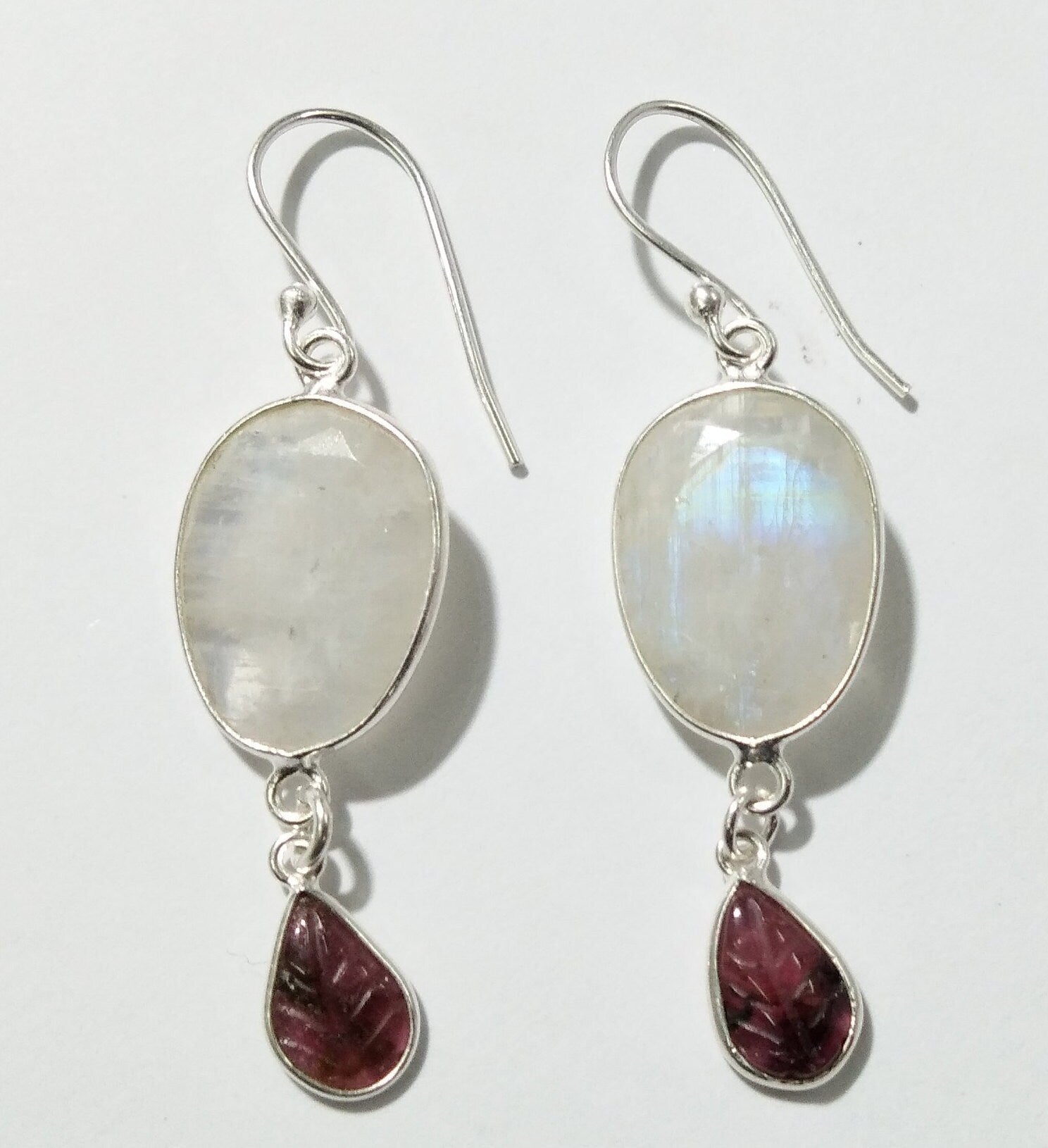 Rainbow Moonstone, Tourmaline Carving Earring, 925 Starling Silver With Natural Gemstone Earring, Bezel Stylish Earring, For Gift Item Etc.