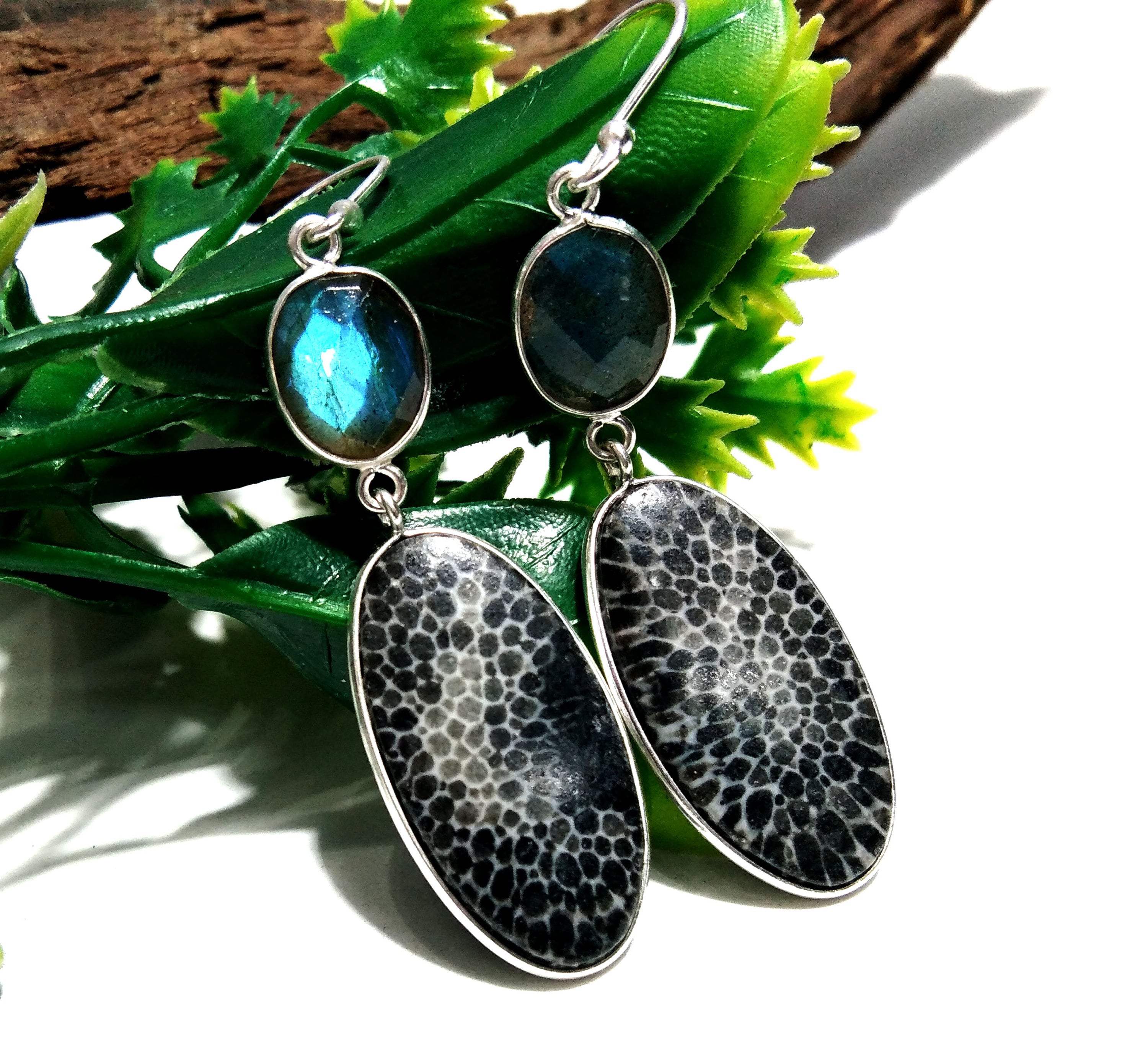 Fossil Coral & Labradorite Earring, 925 Sterling Silver Jewelry, Natural Gemstone Earring, Handmade Earring, For Gift Christmas