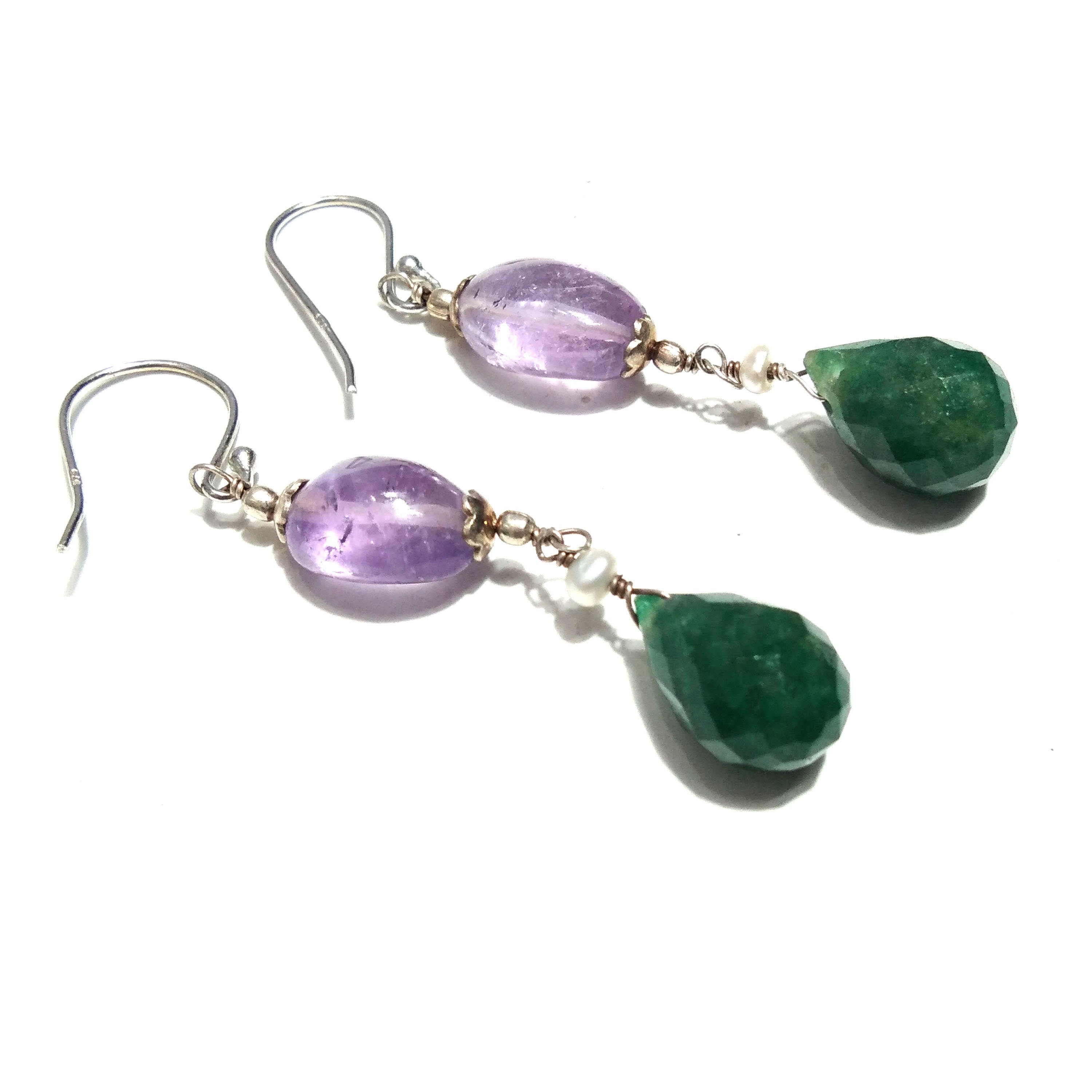 Natural Purple Amethyst/Green Jade Earring, 925 Solid Starling Silver Earring, Amethyst Stone Handmade Gift Women Christmas Earring