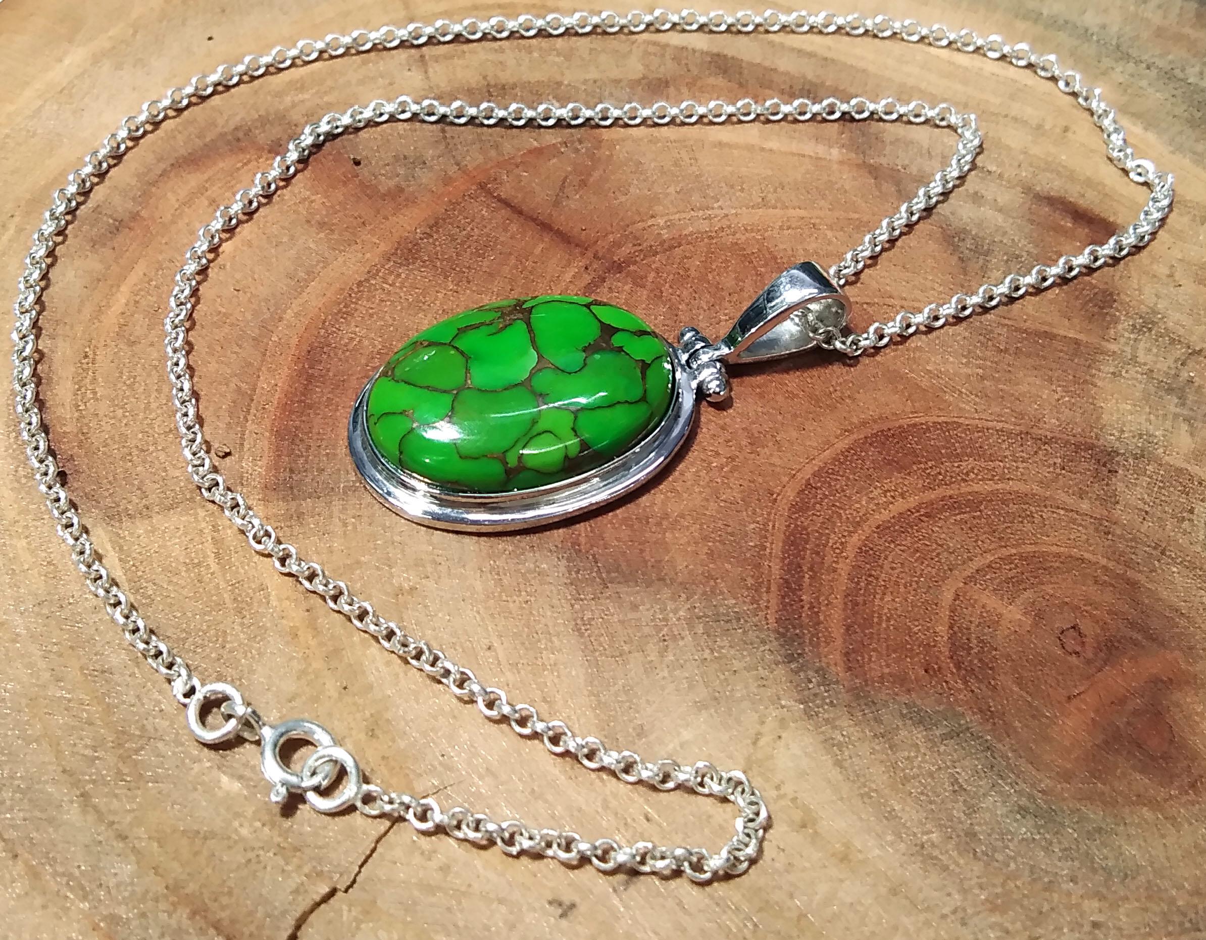 Natural Green Copper Turquoise Pendant Chain Necklace, 925 Starling Silver Pendant, Nice Green Color Pendant, Gift Wedding Pendant Jewelry