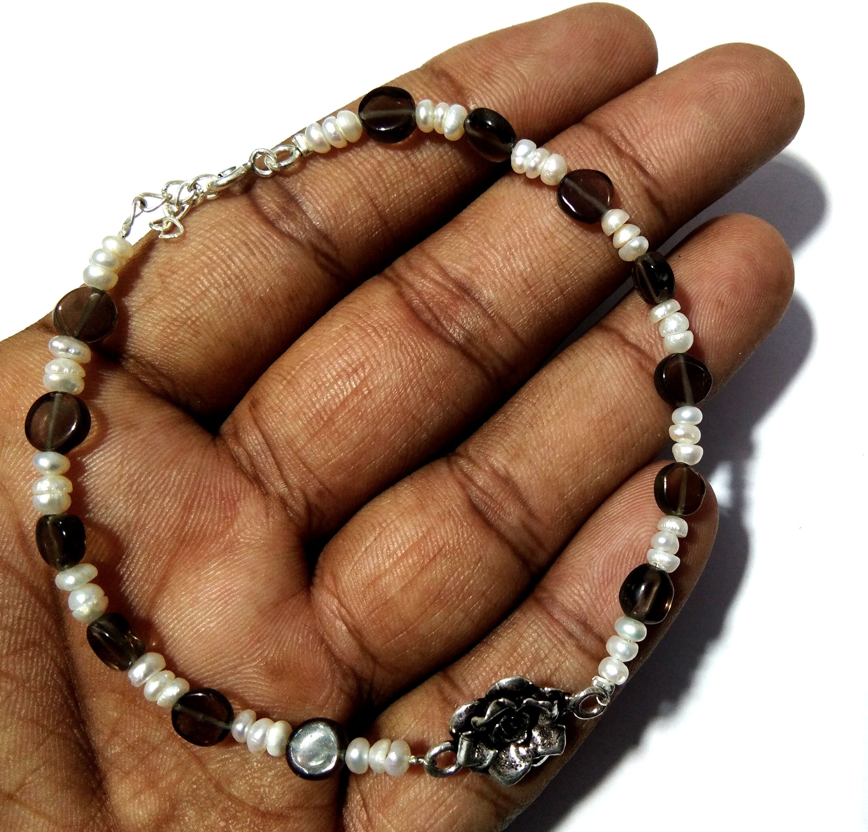 20%Off ! Freshwater Pearl & Smoky Quartz Bracelet, Pearl Jewelry, Solid 925 Sterling Silver Stone Bracelet, Bridesmaid Gift, Bridal Bracelet