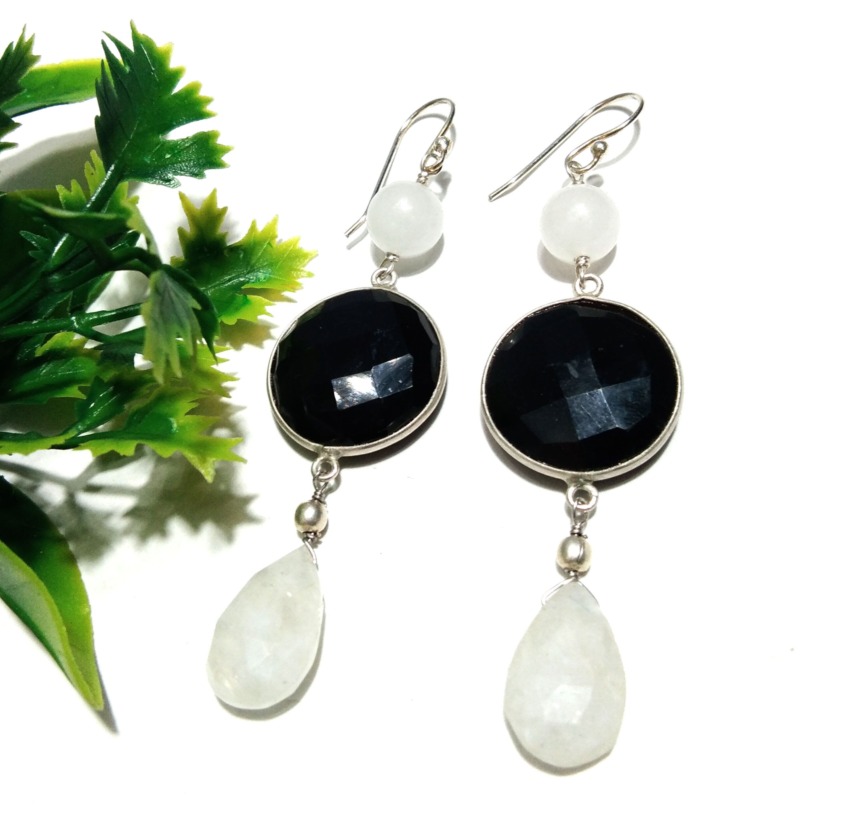 Natural Black Onyx, Rainbow Moonstone Earring, 925 Solid Starling Silver Earring, Handmade Black Onyx Stone Earring, Gift Women Earring's