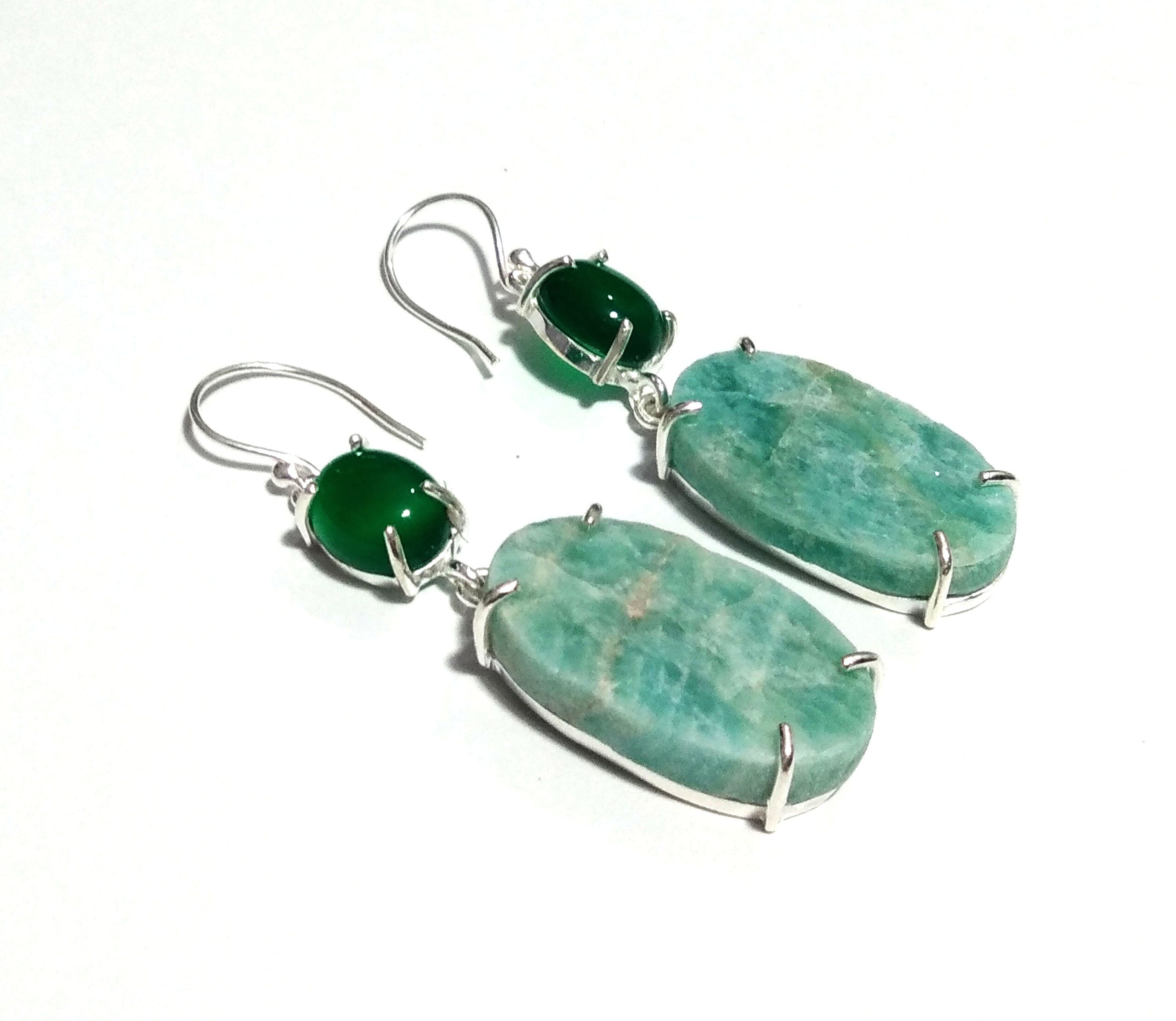 Natural Amazonite/Onyx Earring, 925 Solid Starling Silver Earring, Top Quality Amazonite Stone Size 28x15 mm For Gift Birthday Earring