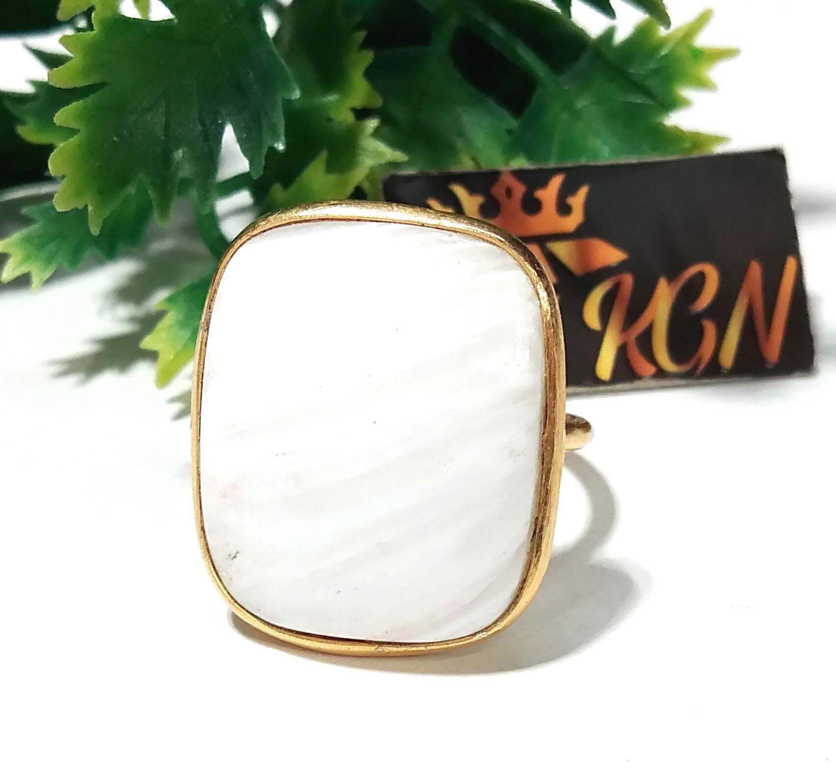 Natural White Scolecite Rings, Solid 925 Starling Silver Gold Plated Rings, Jewelry Stone Size 21x18 mm Handmade Gift Wedding Ring Jewelry