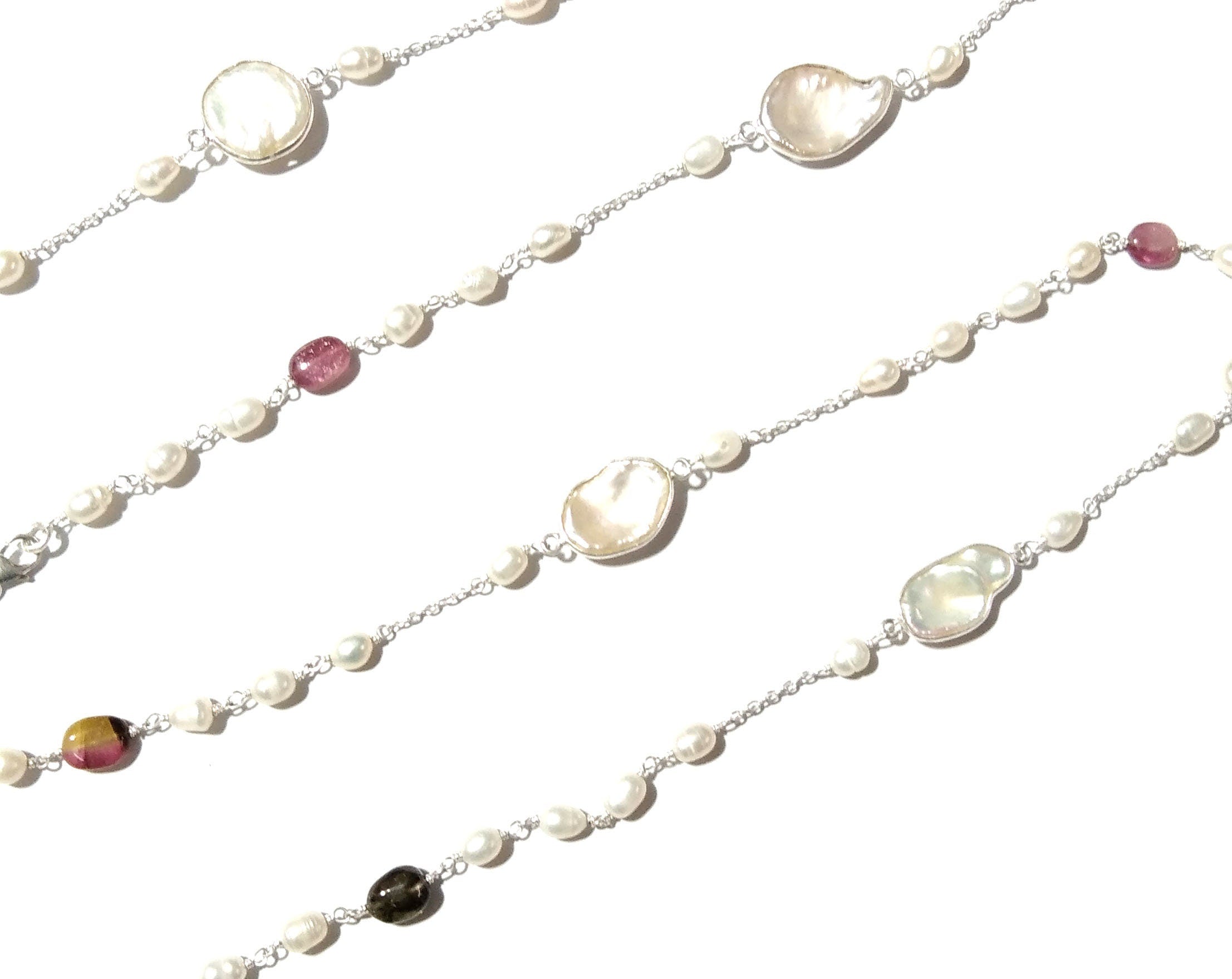 Log Chain Necklace ! Natural Pearl & Tourmaline Beaded Necklace, 925 Starling Silver Log Necklace, 36''Inches Length.