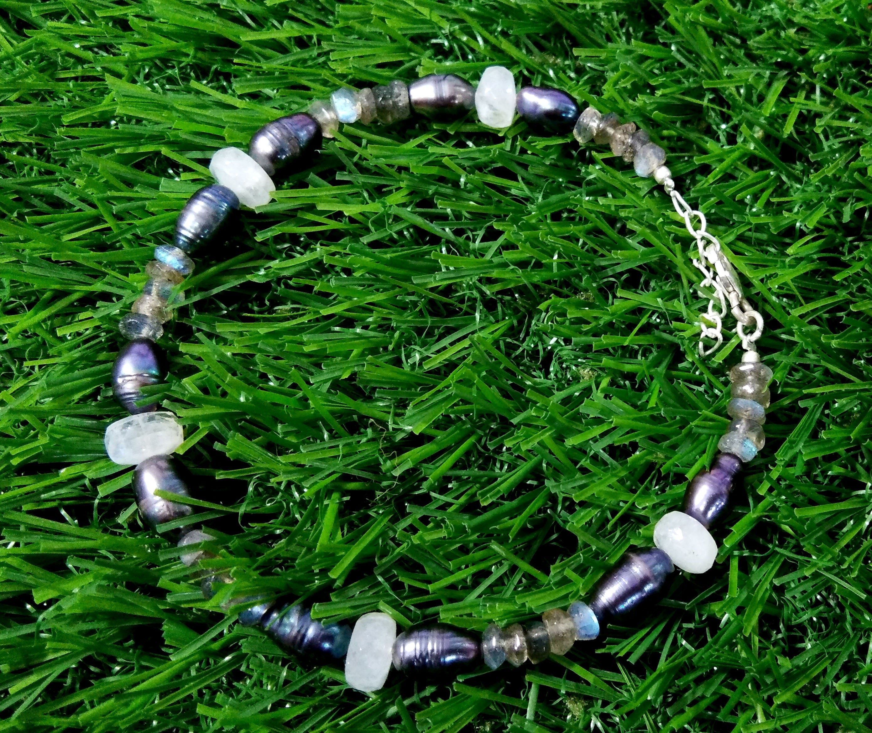 Labradorite-Rainbow Moonstone-Grey Pearl Bracelets In 925 Sterling Silver, Natural Handmade Making Gemstone Adjustable Bracelets Jewelry