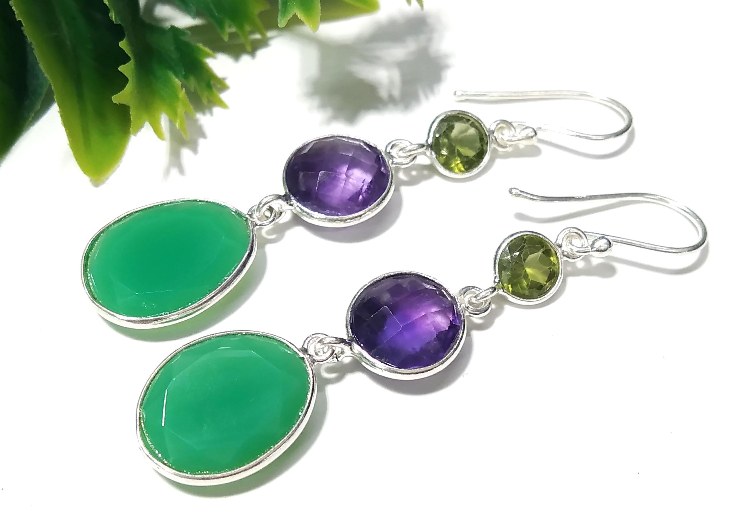Natural Chrysoprase/Peridot/Amethyst Gemstone Earring, 925 Starling Silver Earring, Chrysoprase/Amethyst Gemstone Earring, For Girls/Women.