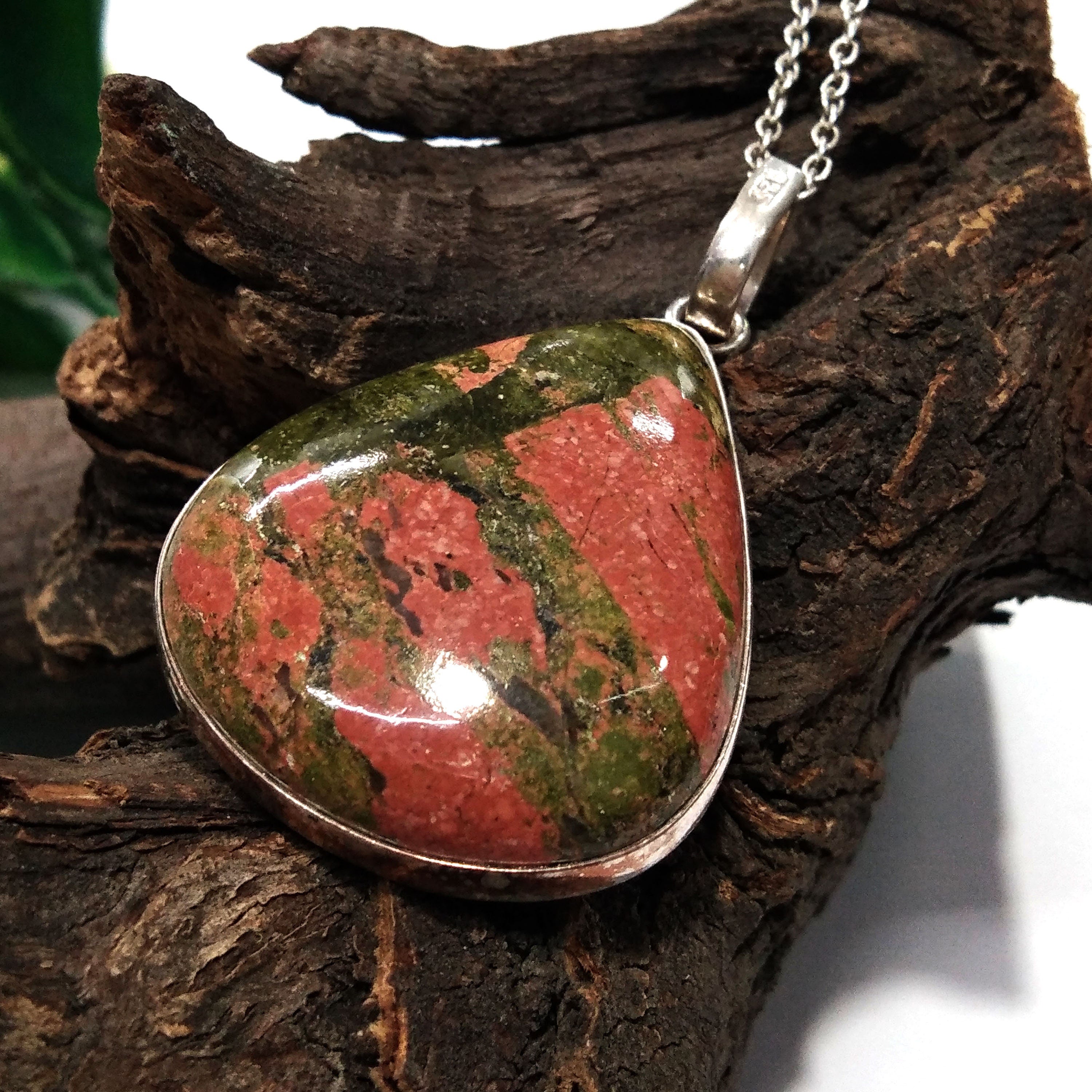 Natural Unakite Gemstone Pendant Chain Necklace, 925 Starling Silver Pendant Necklace, Handmade Jewelry Stone Size 36x31 mm Gift Pendant