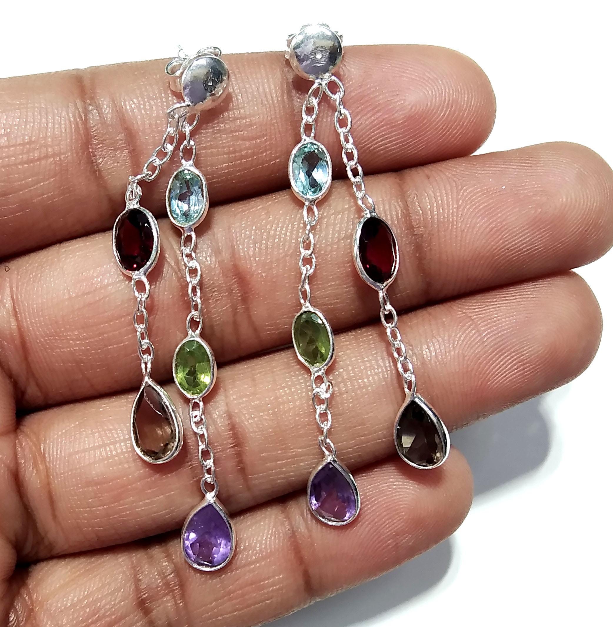 Multi Cut Gemstone Earrings, Amethyst, Garnet, Peridot, Blue Topaz, Smoky Quartz Earrings, 925 Sterling Silver Jewelry, Gift For Her