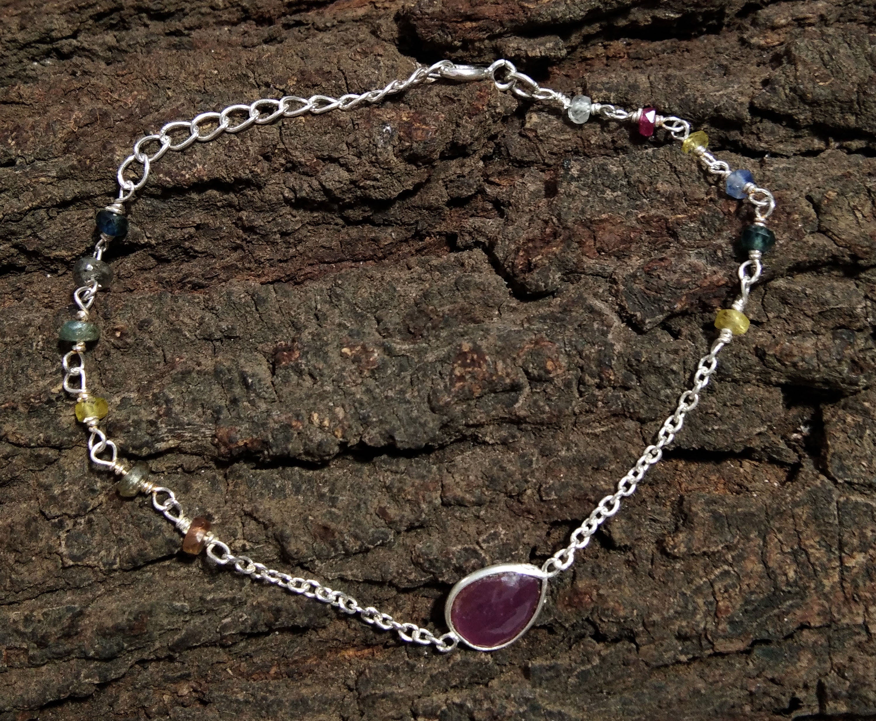Natural Ruby, Multi Tourmaline Bracelet, 925 Sterling Silver Bracelet, Healing Crystal Gemstone, Tourmaline Gift Valentine day Bracelet
