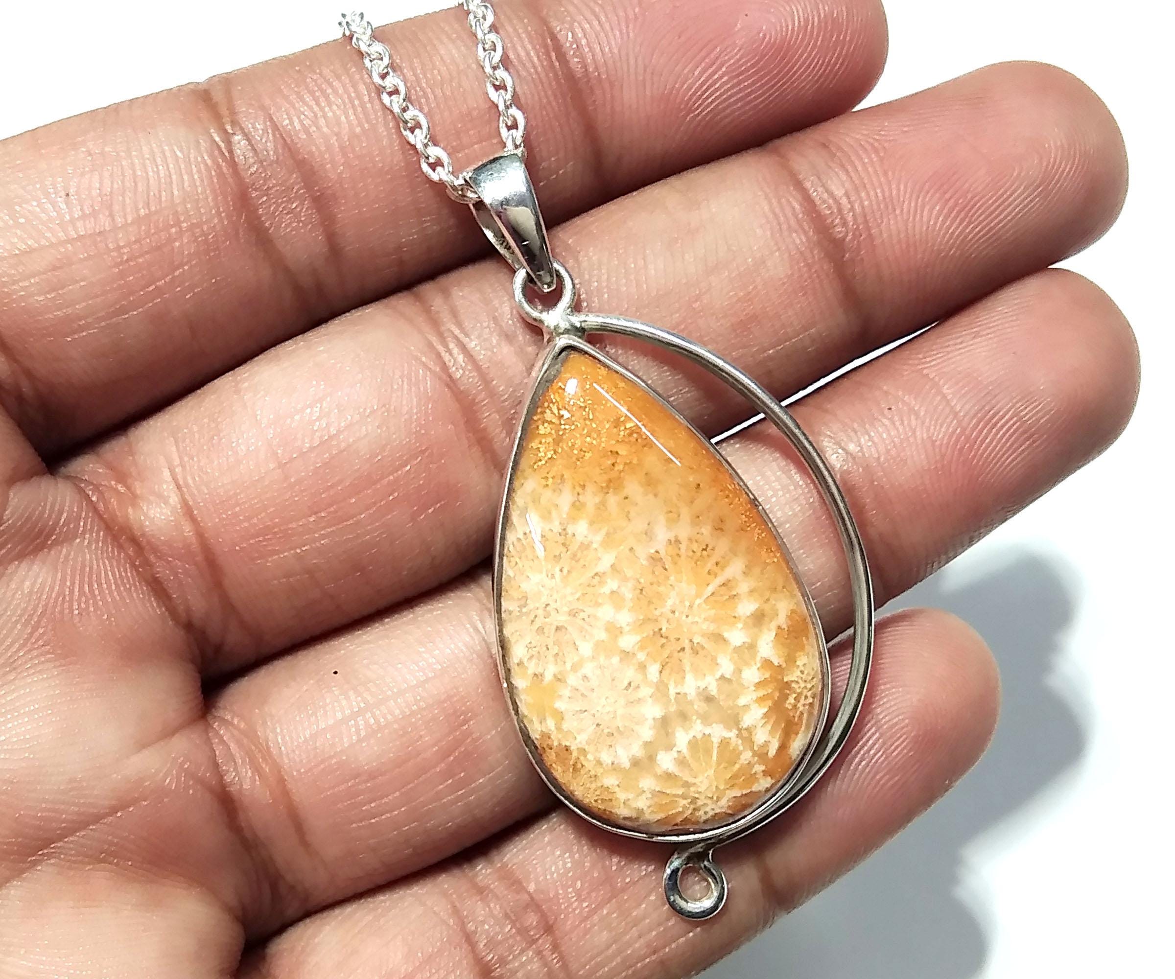Good Quality Nature Fossil Coral Gemstone Pendant Chain Necklace With 925 Sterling Silver Pendant, Stylish Design Pendant, For Girls & Women