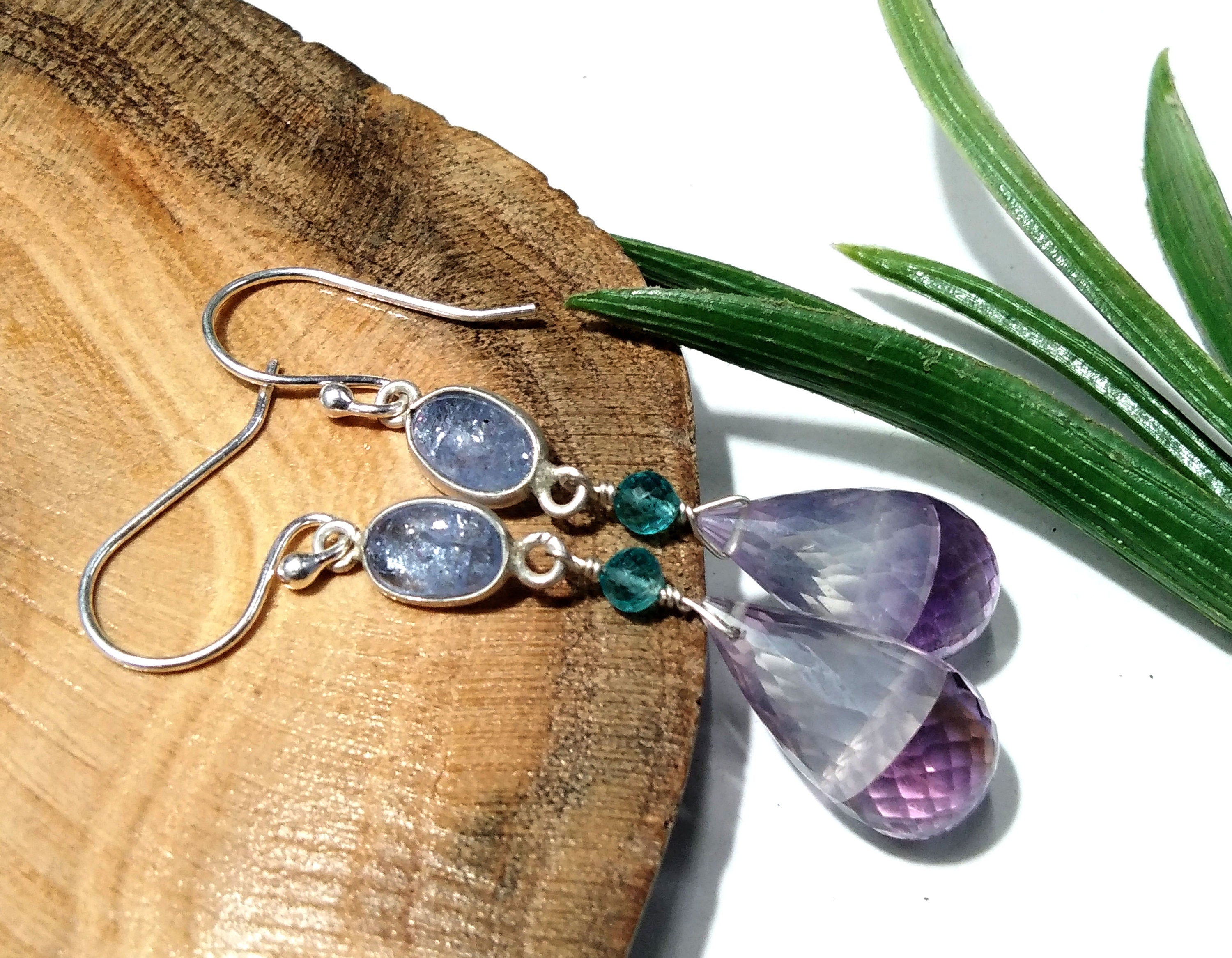 Natural Doublet Gemstone Amethyst & Tanzanite Multi Stone Earring, With 925 Sterling Silver Earring Jewelry, For Girls/Women.