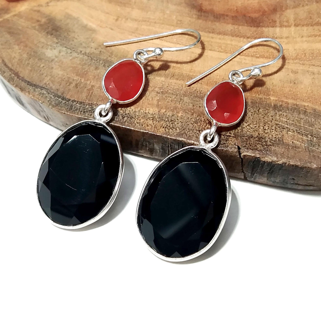 Natural Black Onyx/Carnelian Faceted Stone Earring, 925 Solid Starling Silver Earring, Beautiful Black Onyx Stone Size 19x15 mm Gift Earring