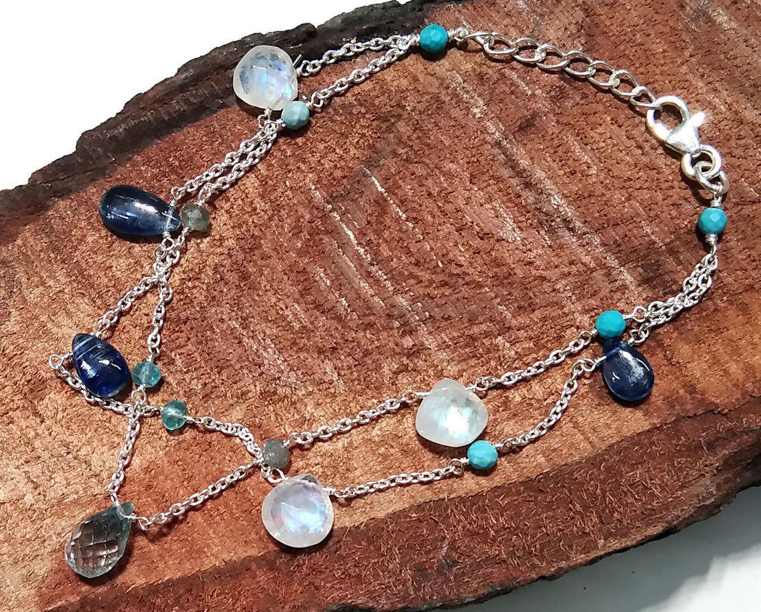 Blue Kyanite/Moonstone Bracelet, 925 Solid Sterling Silver Bracelet, Natural Rainbow Moonstone Adjustable Bracelet, 8 inches Gift Bracelet