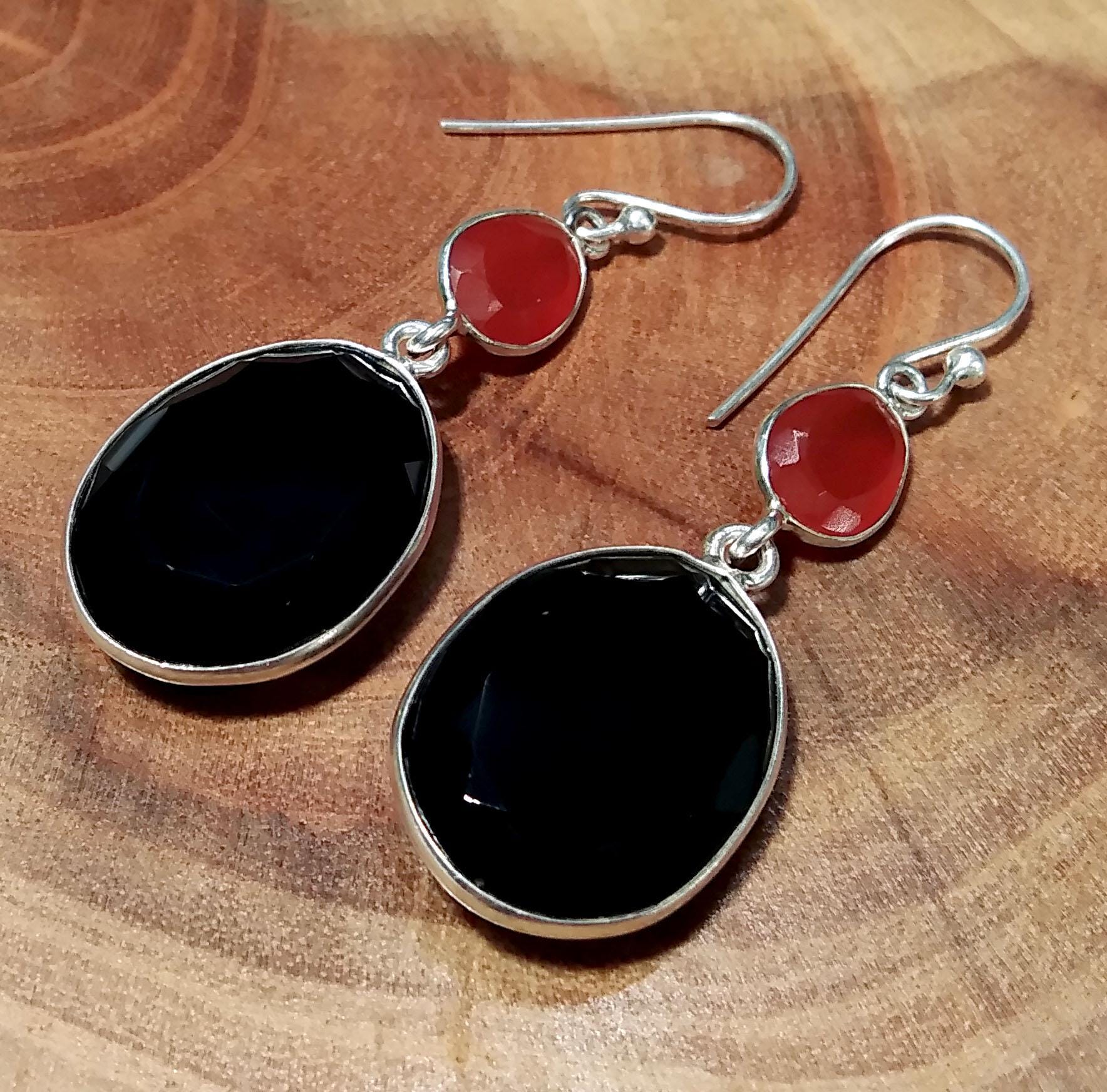 Natural Black Onyx/Carnelian Faceted Stone Earring, 925 Solid Starling Silver Earring, Beautiful Black Onyx Stone Size 19x15 mm Gift Earring