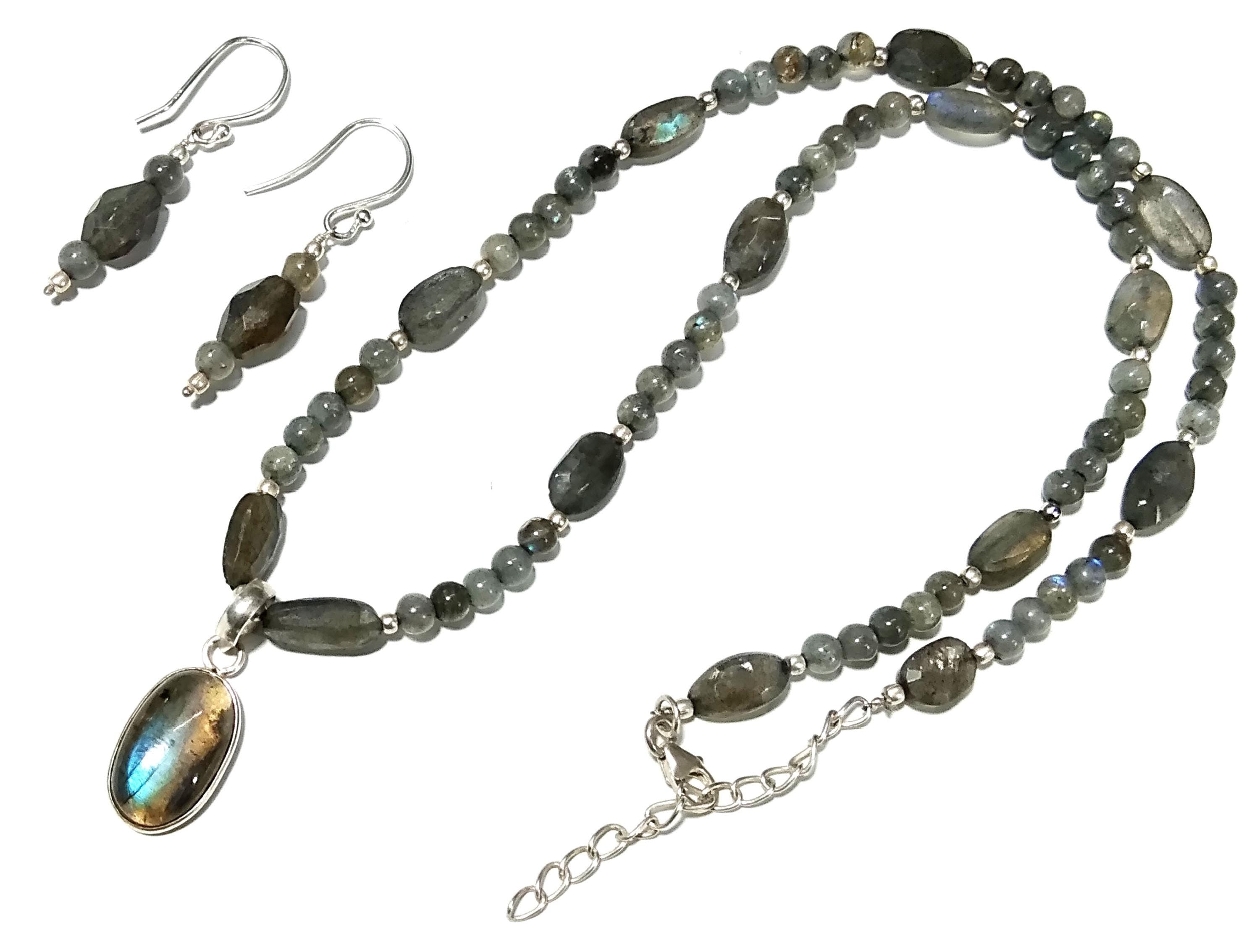 Natural Labradorite Gemstone Beads Necklace Earring Jewelry Set, 925 Sterling Silver Necklace Earring, Handmade Jewelry Gift For Women
