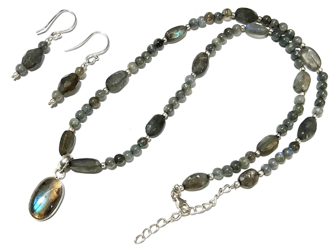 Natural Labradorite Gemstone Beads Necklace Earring Jewelry Set, 925 Sterling Silver Necklace Earring, Handmade Jewelry Gift For Women
