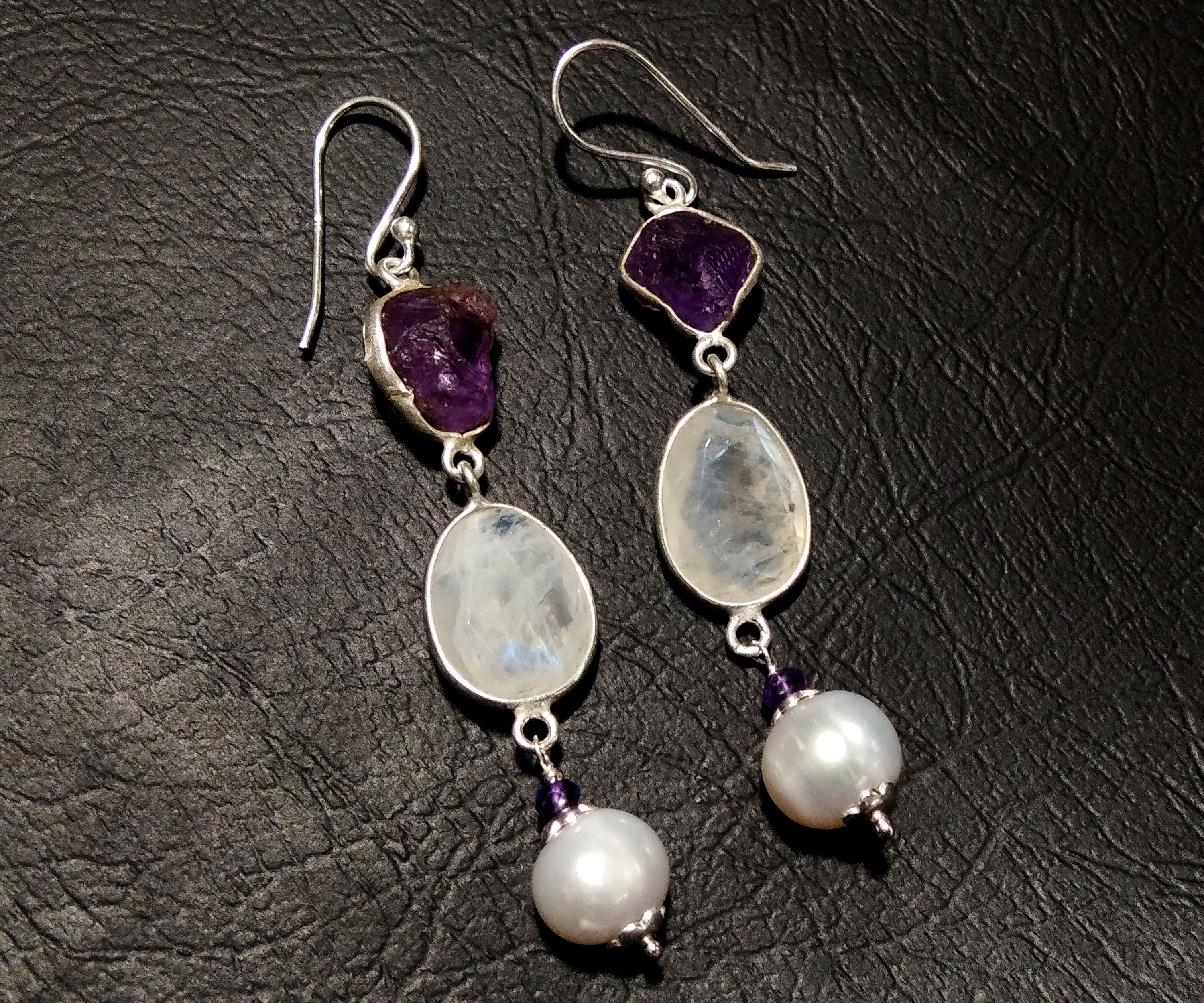 Bezel Earrings, Natural Gemstone Amethyst,Rainbow Moonstone & Pearl Earring, 925 Starling Silver Earring, Handmade Making Bezel Earring