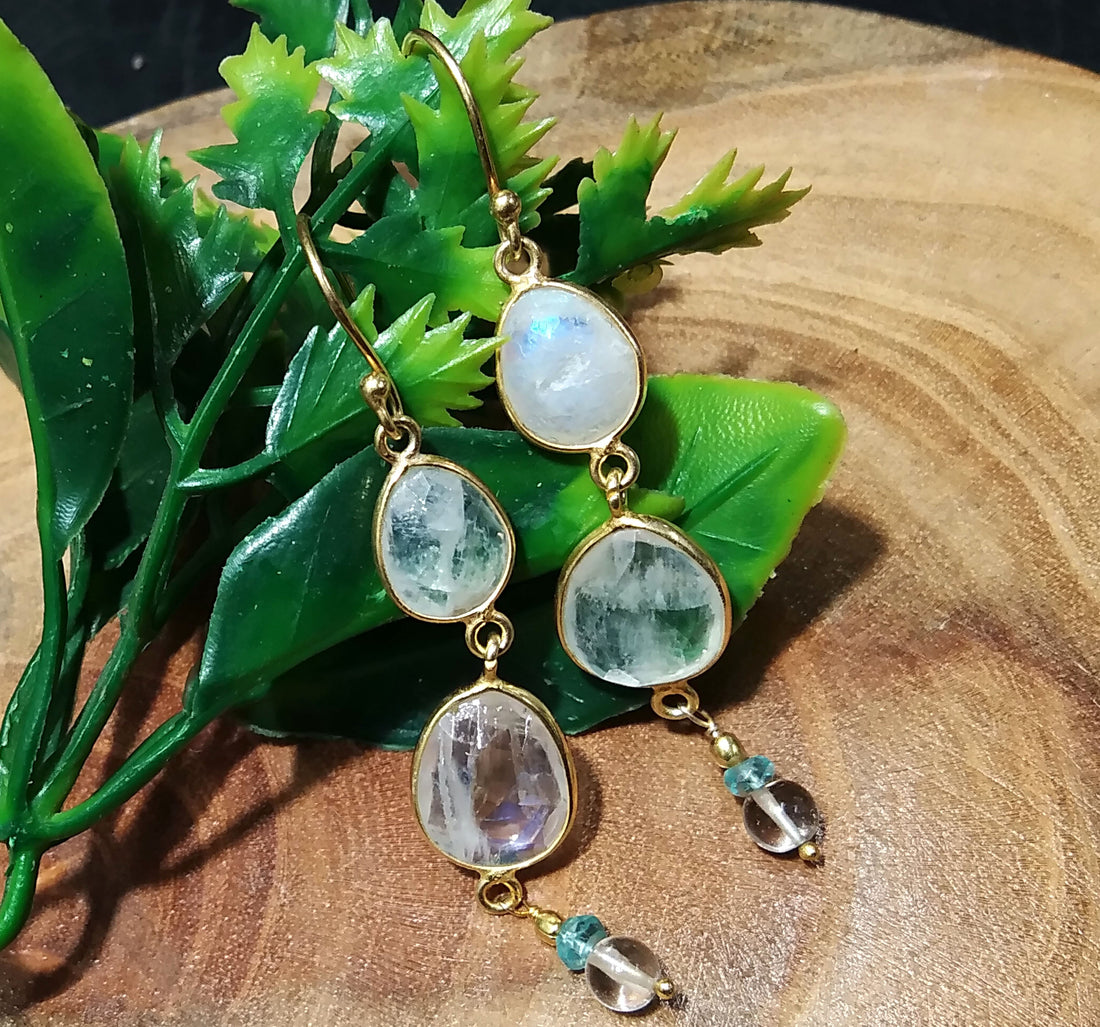 Natural Rainbow Moonstone Blue Fire Stone Earring, 925 Solid Starling Silver With Gold Plated Earring, Gift Item For Girls/Women Earring