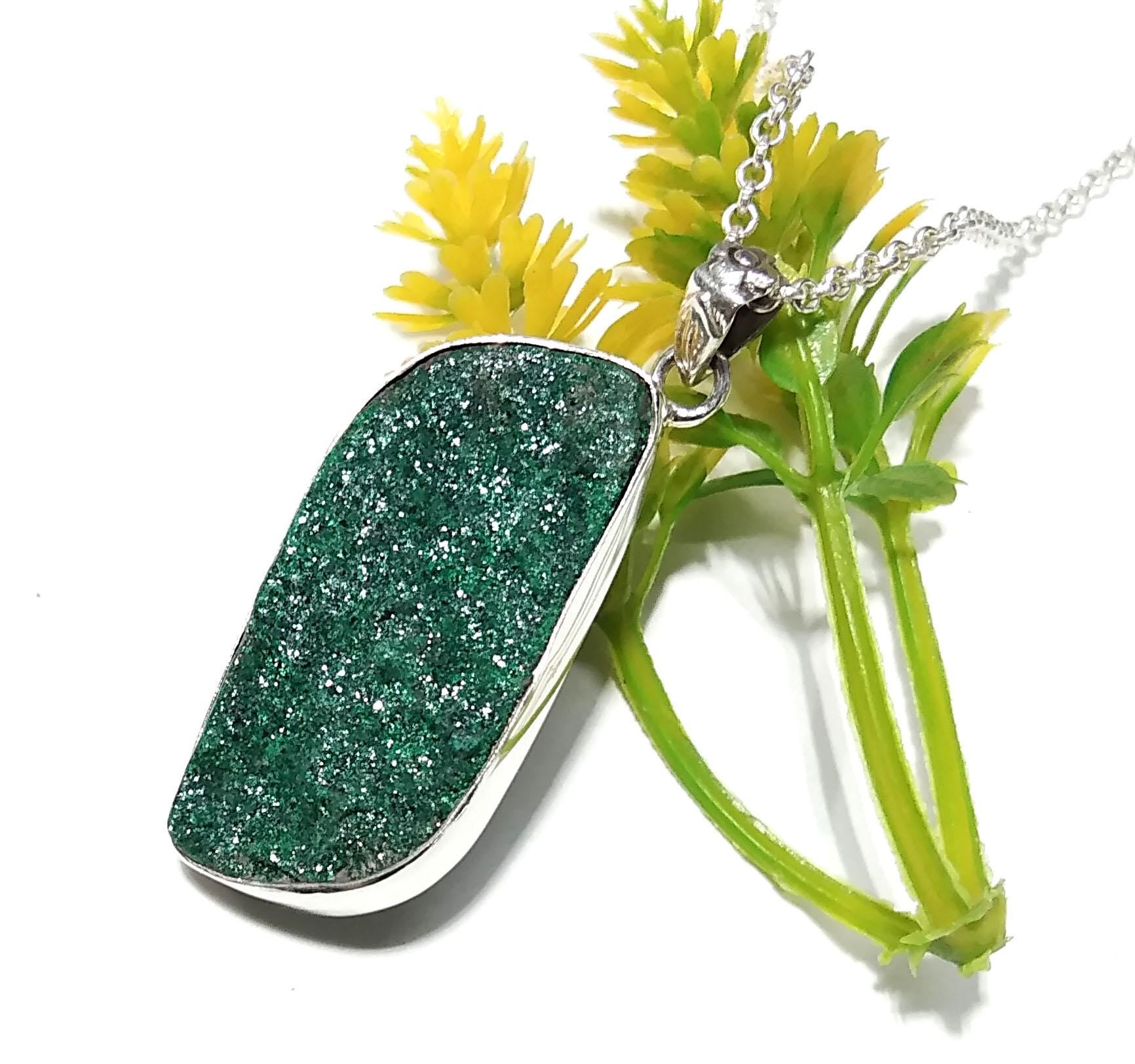 Natural Malachite Druzy Gemstone Pendant, 925 Starling Silver Jewelry Pendant, Amazing Malachite Druzy Pendant, Handamde Chain Necklace