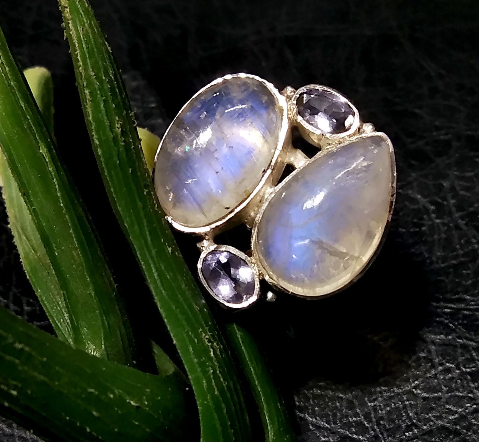Natural Rainbow Moonstone/Tanzanite Gemstone Ring, 925 Solid Sterling Silver Ring, Stone Size 16x10 mm Handmade Gift Ring, Birthday Ring