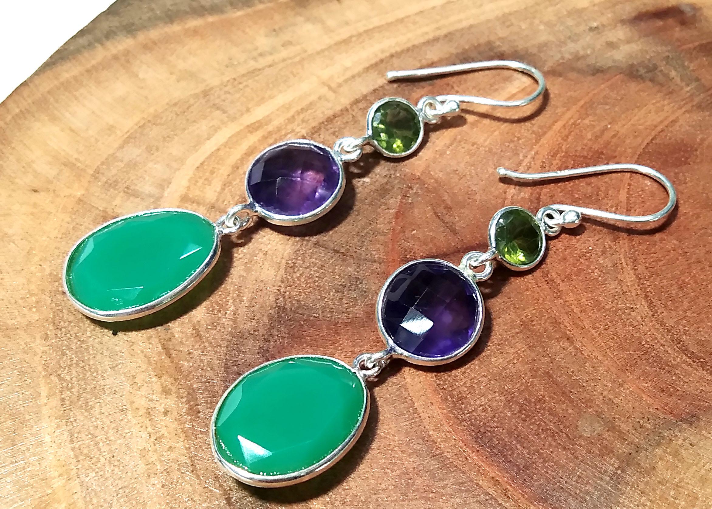 Natural Chrysoprase/Peridot/Amethyst Gemstone Earring, 925 Starling Silver Earring, Chrysoprase/Amethyst Gemstone Earring, For Girls/Women.
