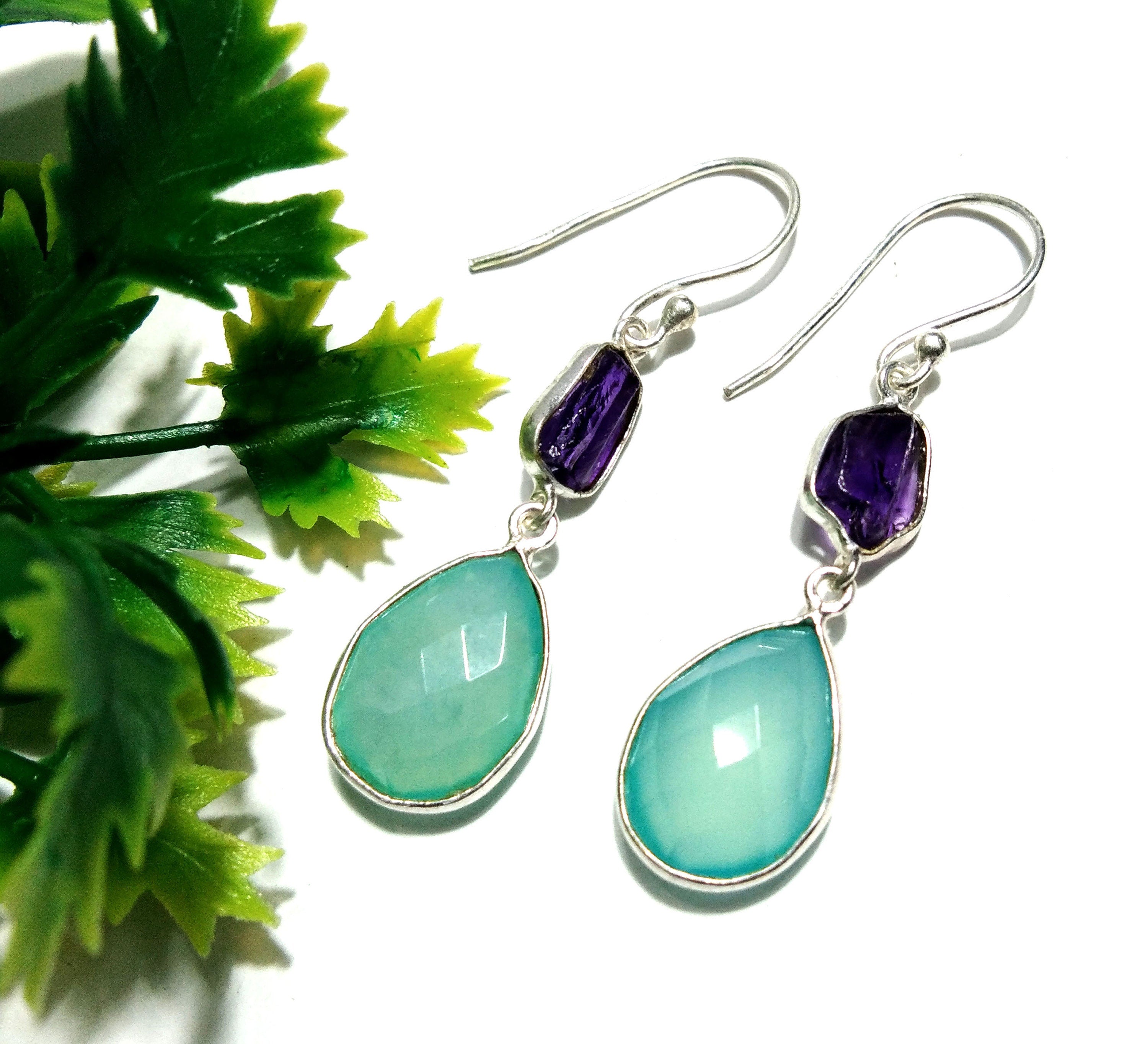 Natural Aqua Chalcedony, Amethyst Raw Stone Earring, 925 Sterling Silver Earrings, Handmade Making Jewelry Earring, Gift For Girls & Women.
