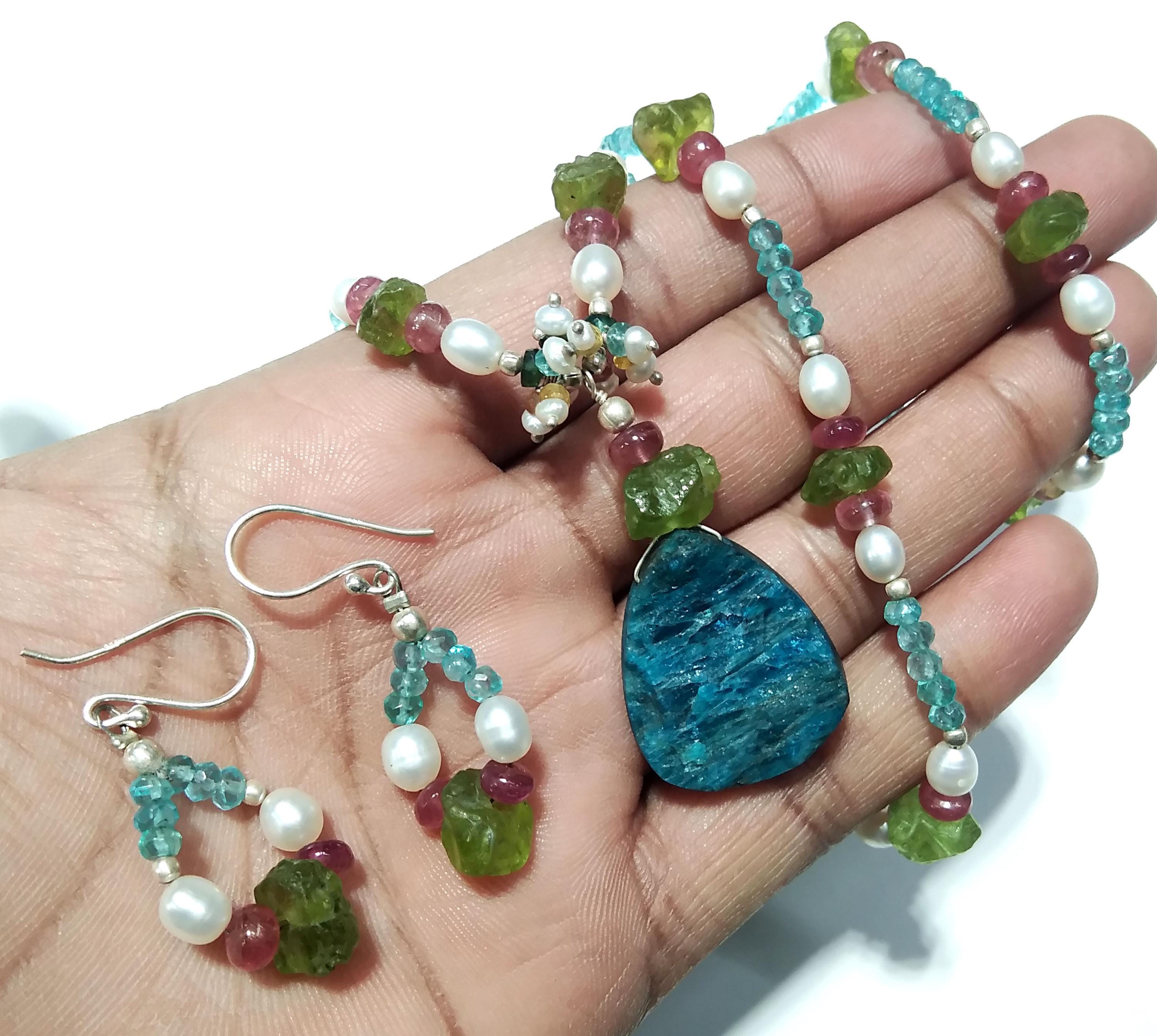 Natural Apatite Druzy/ Pearl/Peridot Rough Stone Beads Necklace Set Jewelry, 925 Sterling Silver Necklace Beaded Necklace Statement Jewelry