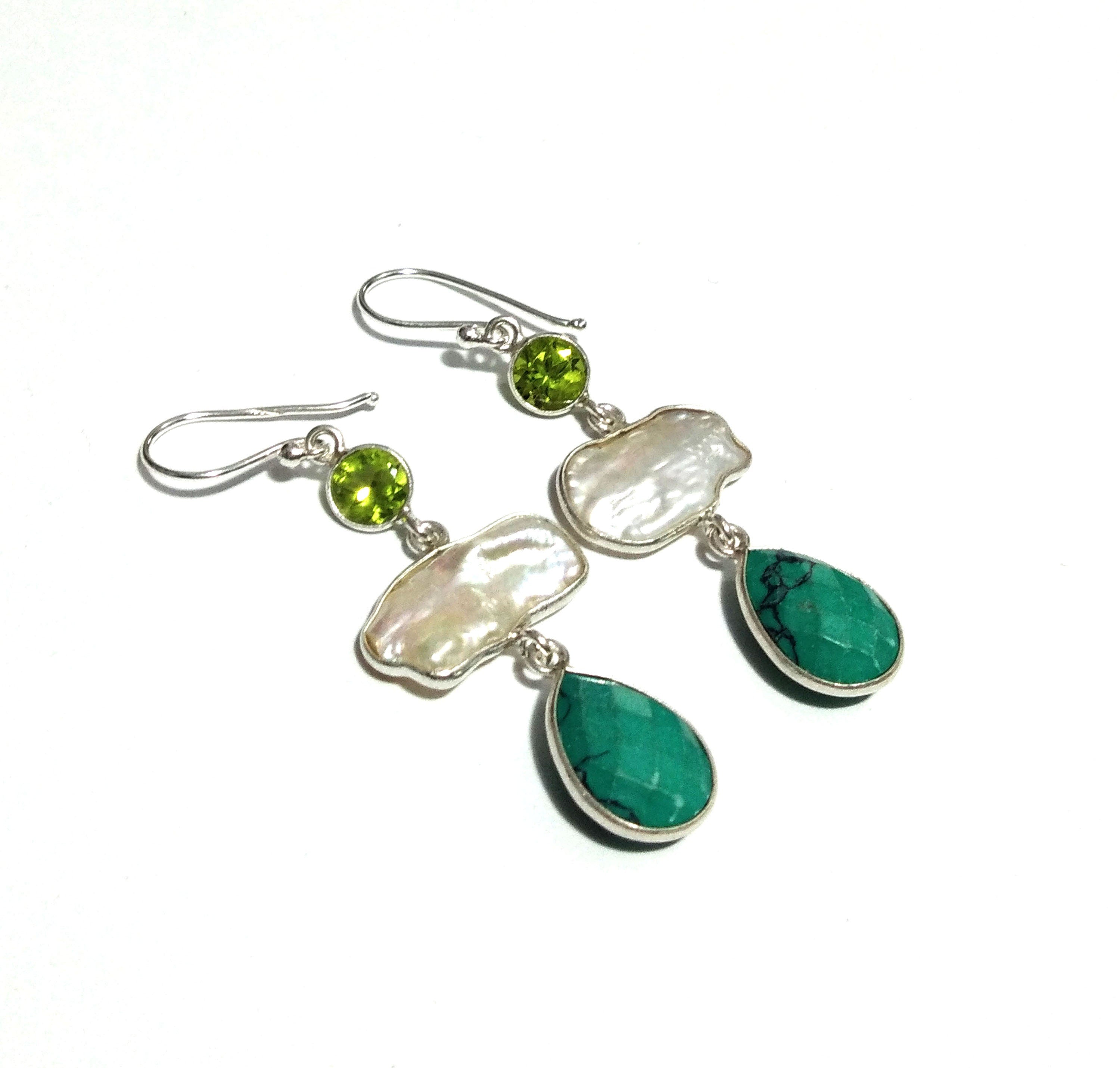 Natural Fresh Water Baroque Pearl/Peridot/Turquoise Stone Drop Earring, 925 Solid Starling Silver Earring, Gemstone Gift Wedding Earring