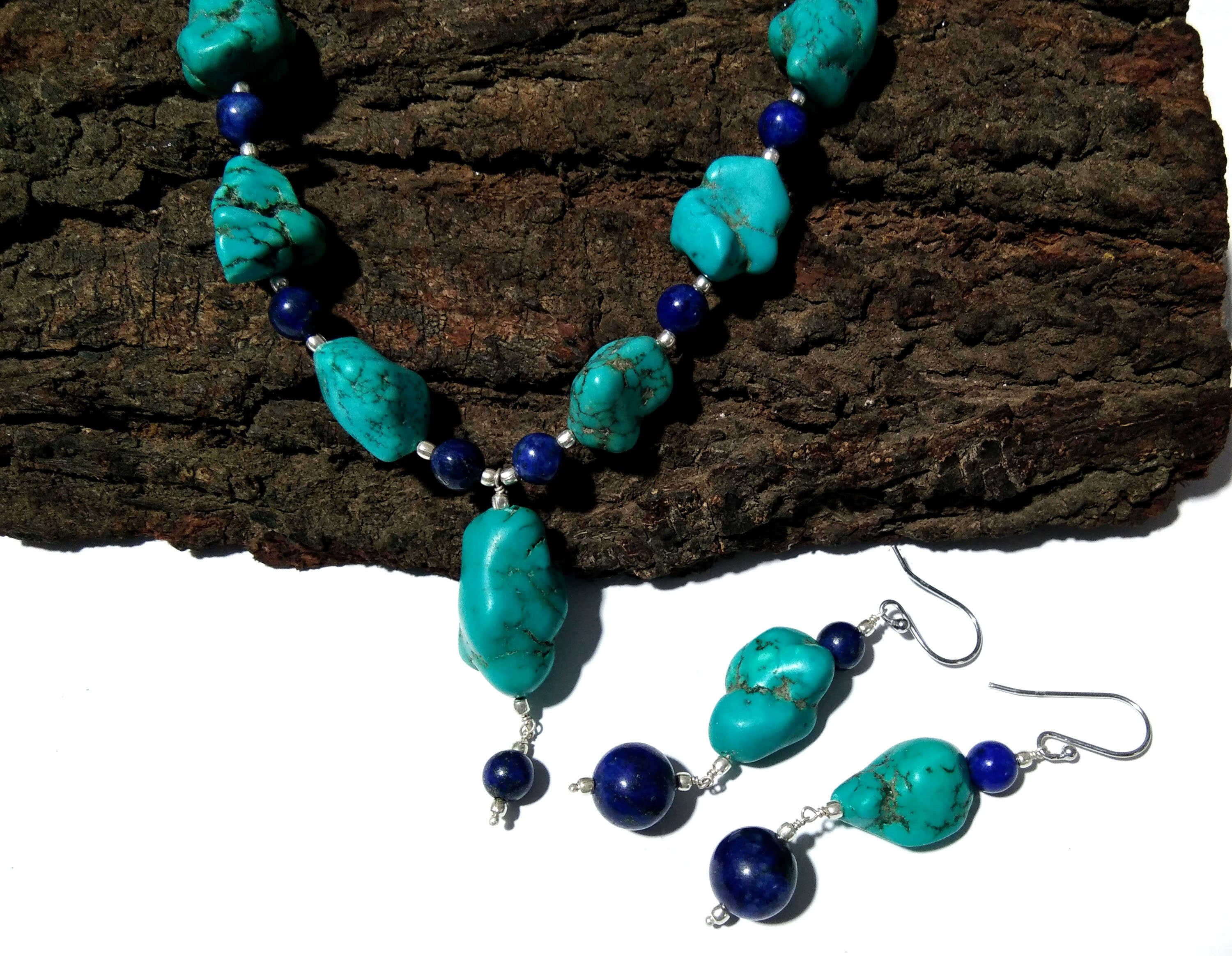 Long Natural Turquoise Rough Gemstone Necklace and Earring, Top Color Dark Blue Lapis Lazuli 925 Sterling Silver Handmade Jewelry Gift Women