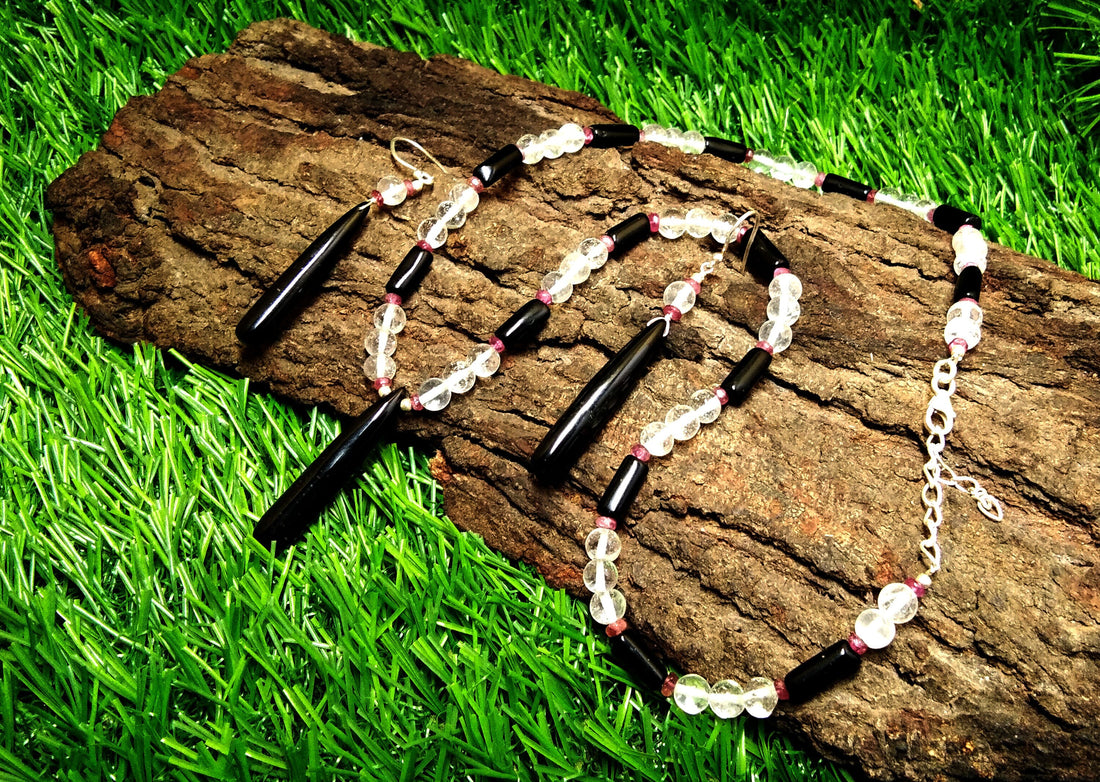 Natural Black Onyx/Crystal Beads Necklace Set Jewelry, 925 Sterling Silver Necklace, Beaded Necklace Statement for Gift Jewelry