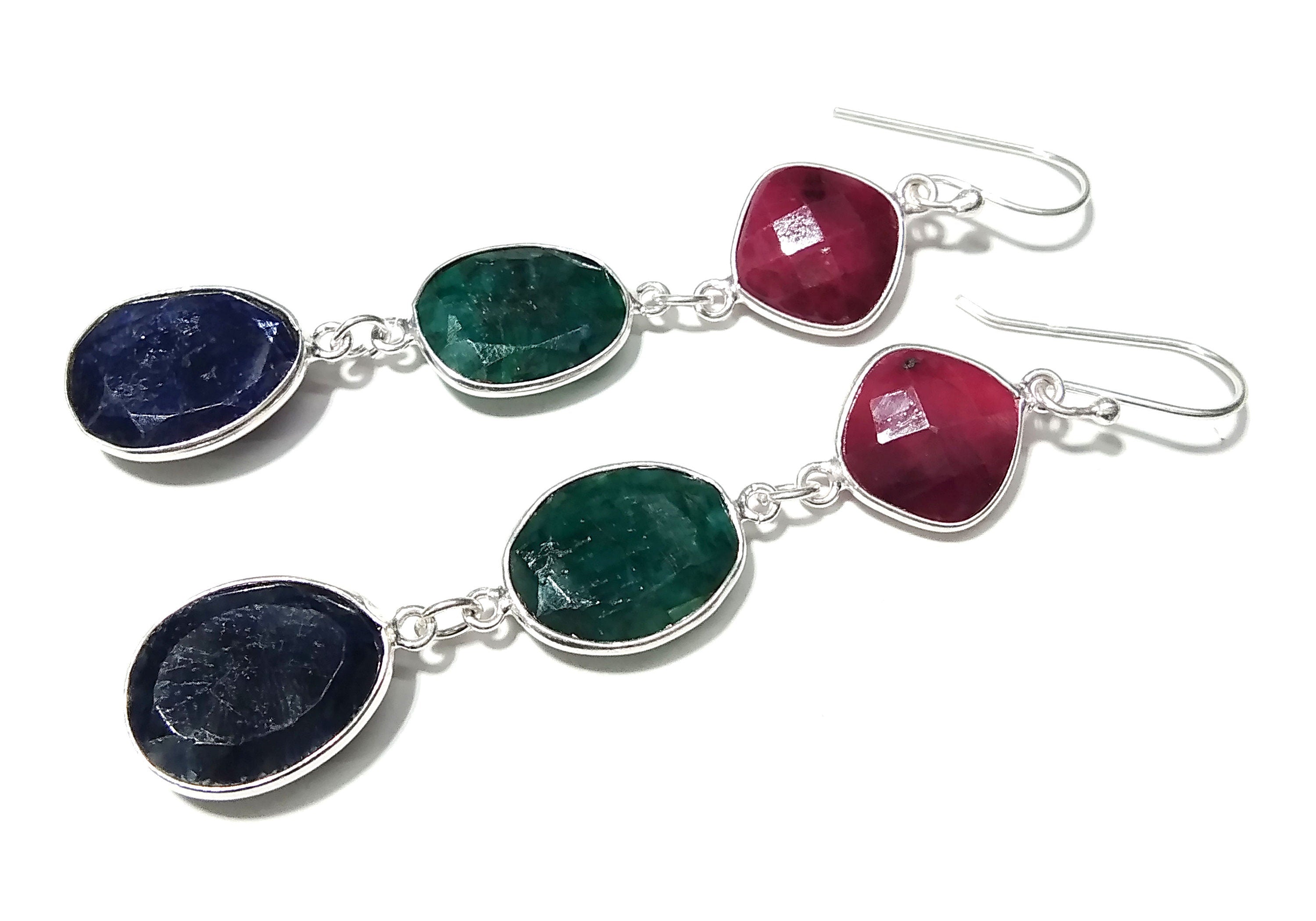 Natural Emerald,Red Ruby,Blue Sapphire Stone Earring, 925 Solid Starling Silver Earring Gemstone, Gift Wedding Earring, Handmade Jewelry