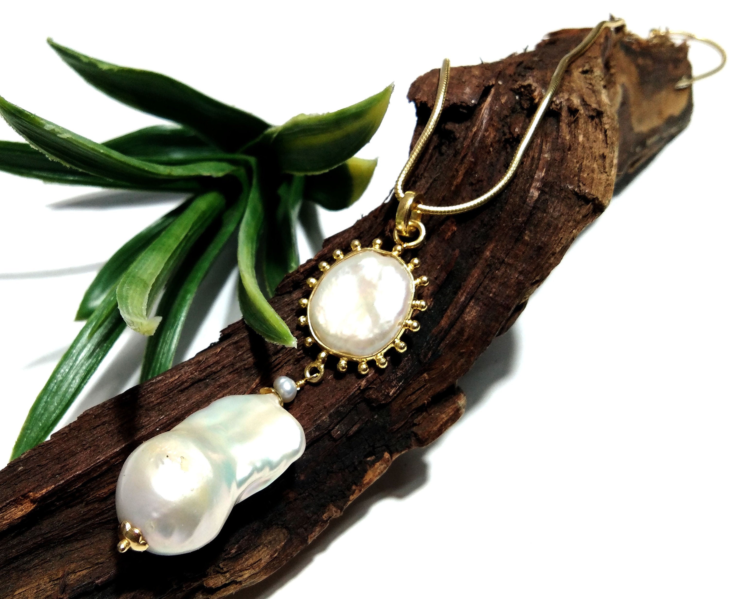 Natural Fresh Water Baroque Pearl Gemstone Chain Necklace Pendant, 925 Starling Silver Gold Plated Chain Necklace 18''Inche Gift Necklace