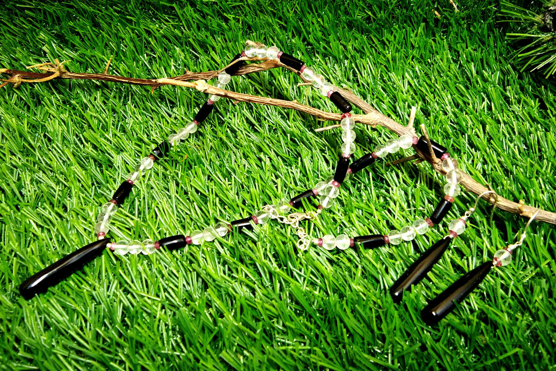 Natural Black Onyx/Crystal Beads Necklace Set Jewelry, 925 Sterling Silver Necklace, Beaded Necklace Statement for Gift Jewelry