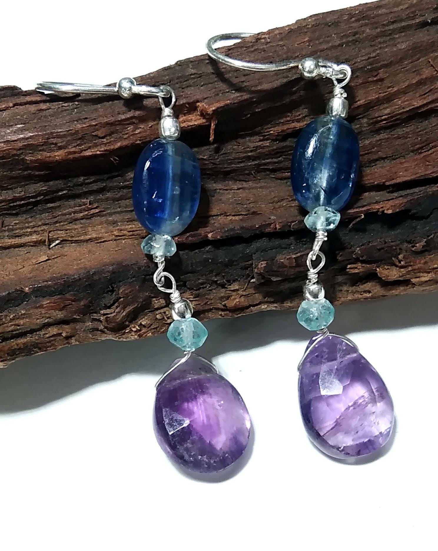 Natural Kyanite/Amethyst Earrings, 925 Solid Starling Silver Earring, Amethyst Stone Handmade Earring, Gift Women Bridesmaid Earring Stone