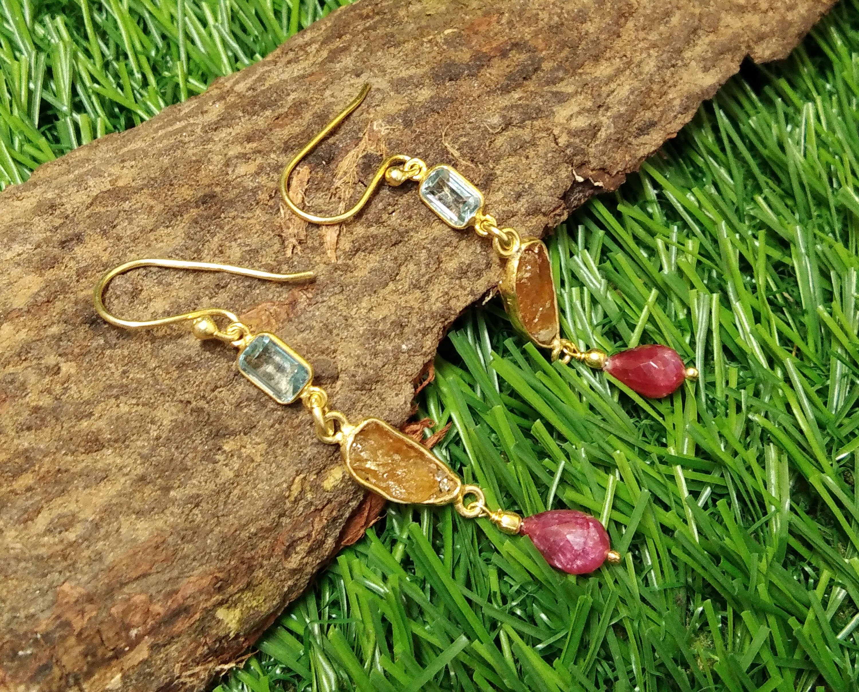 Natural Blue Topaz/Citrine Rough Stone Drop Earring, 925 Starling Silver Gold Plated Earring, Stone Size Mix Gift Diwali Earring Jewelry