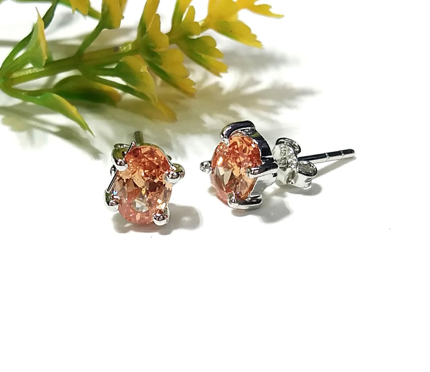 Orange Cubic Zircon Studs Earring, Natural Orange Zircon Oval Shape Studs, Solid 925 Starling Silver Earring, For Gilrs & Women Earrings