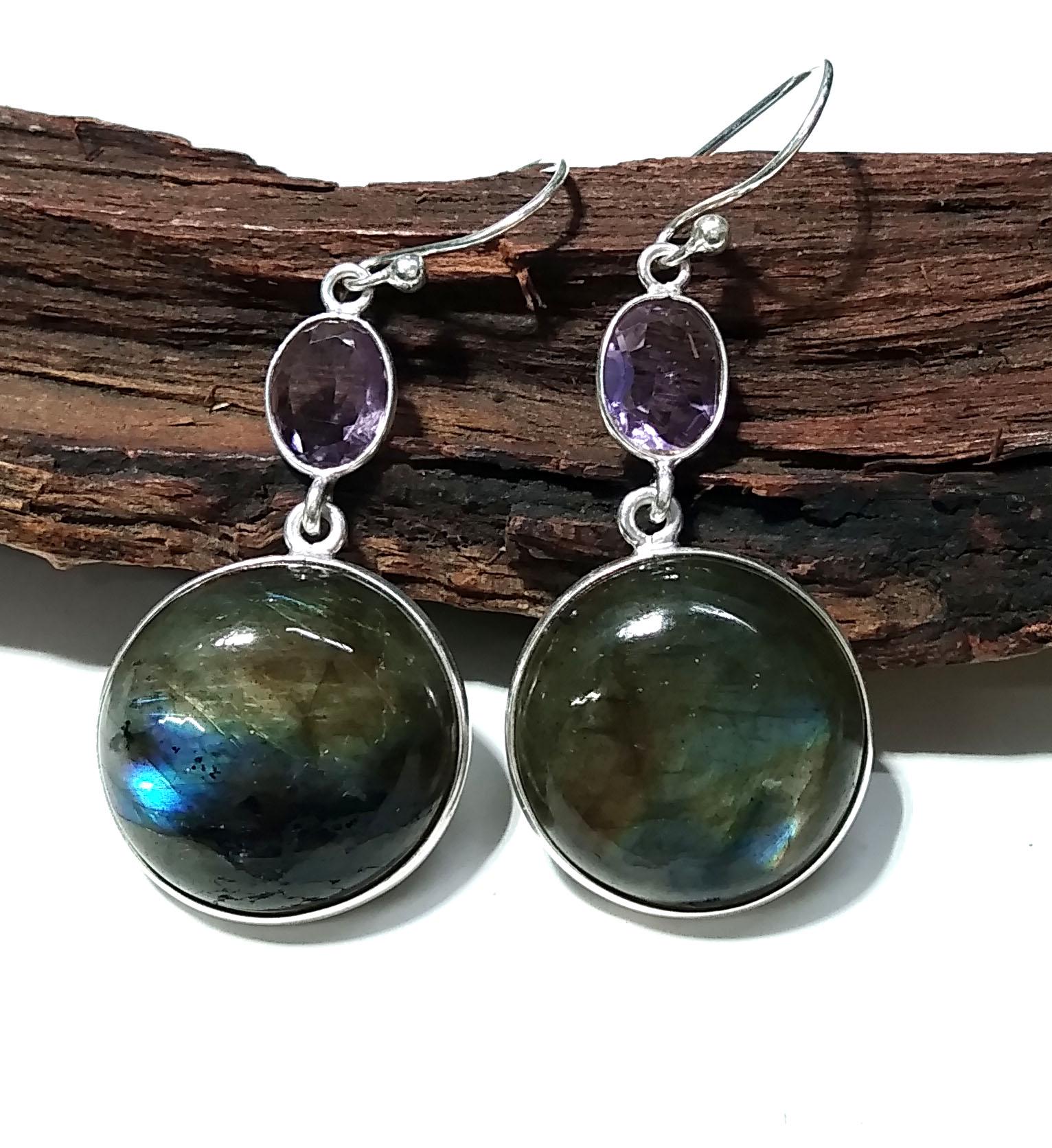 Labradorite, Amethyst Gemstone Earring, 925 Solid Starling Silver Earring, Natural Labradorite Stone Size 20x20mm Gift For Girls & Women.