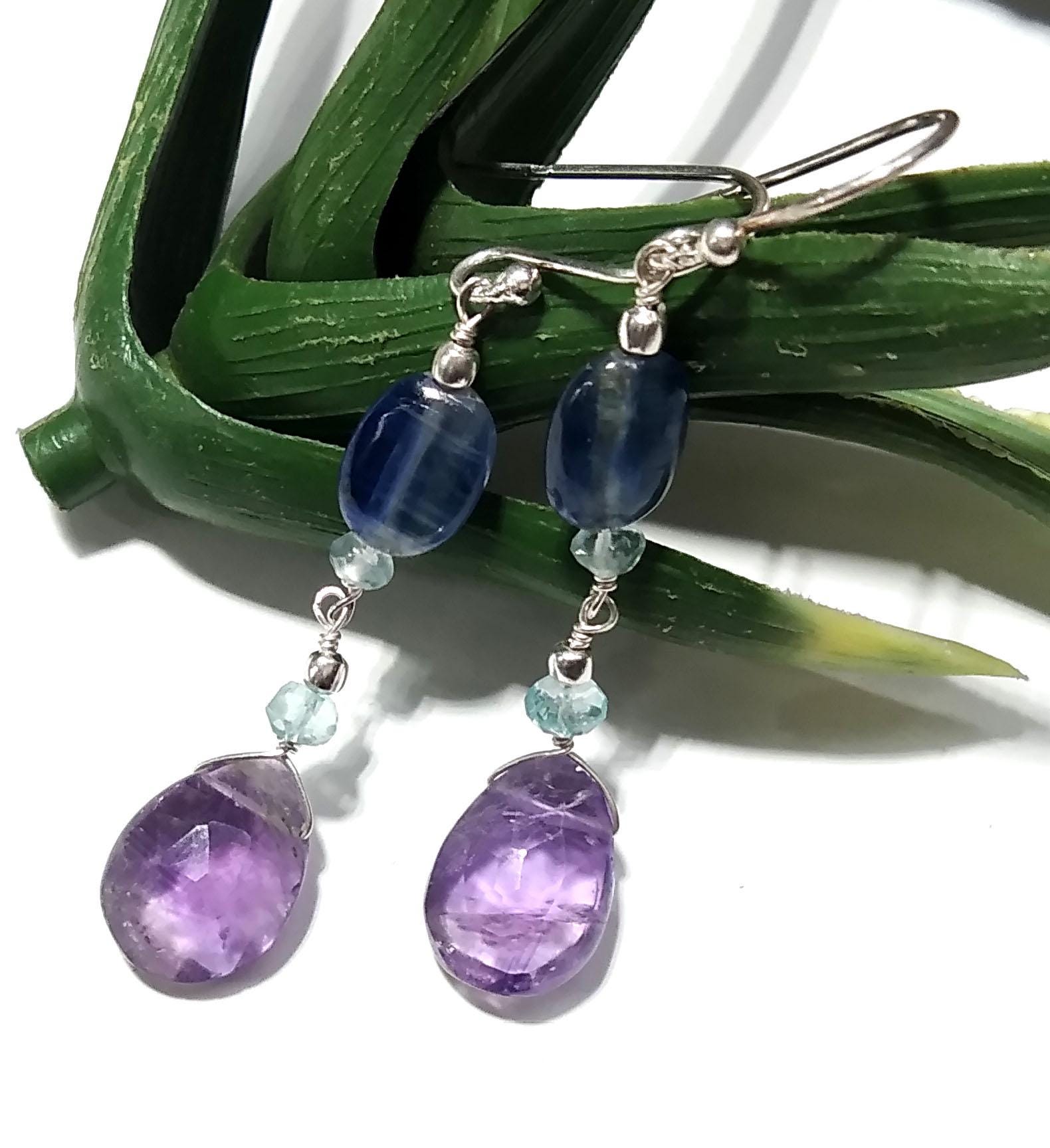 Natural Kyanite/Amethyst Earrings, 925 Solid Starling Silver Earring, Amethyst Stone Handmade Earring, Gift Women Bridesmaid Earring Stone