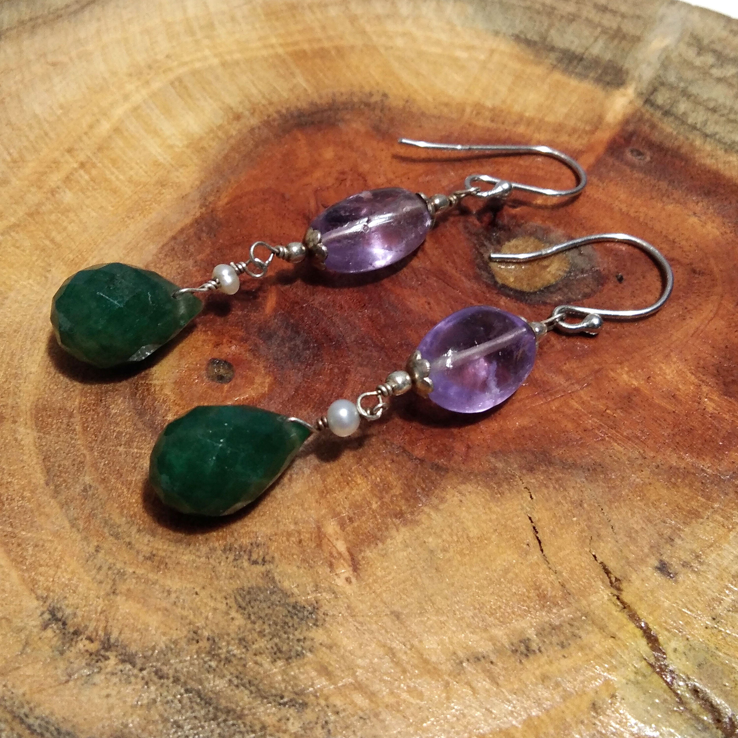 Natural Purple Amethyst/Green Jade Earring, 925 Solid Starling Silver Earring, Amethyst Stone Handmade Gift Women Christmas Earring
