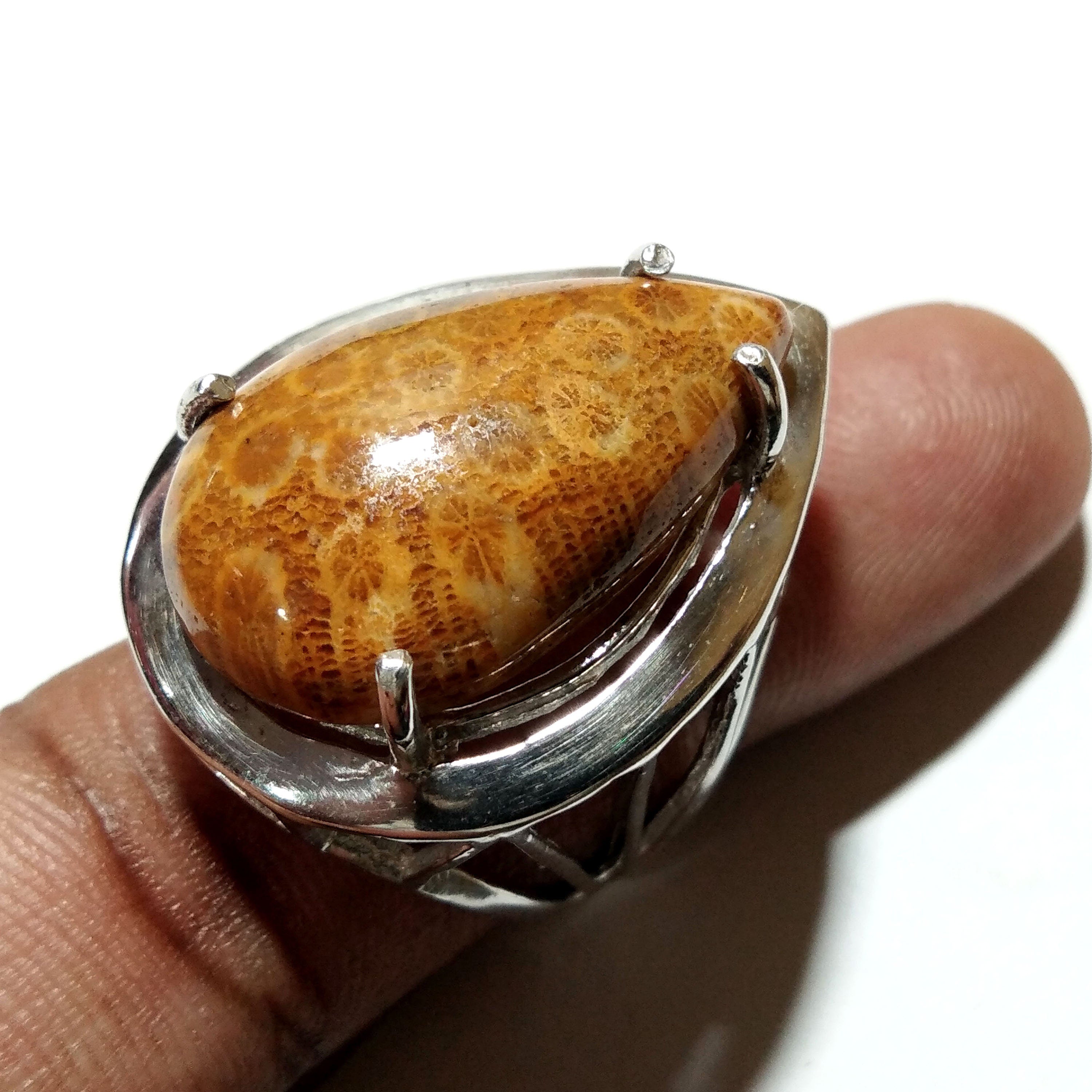 Designer Natural Fossil Coral Gemstone Pear Shape Ring, Solid 925 Sterling Silver Jewelry, Ring, Silver Band, Gift For Girls & Women. Ring