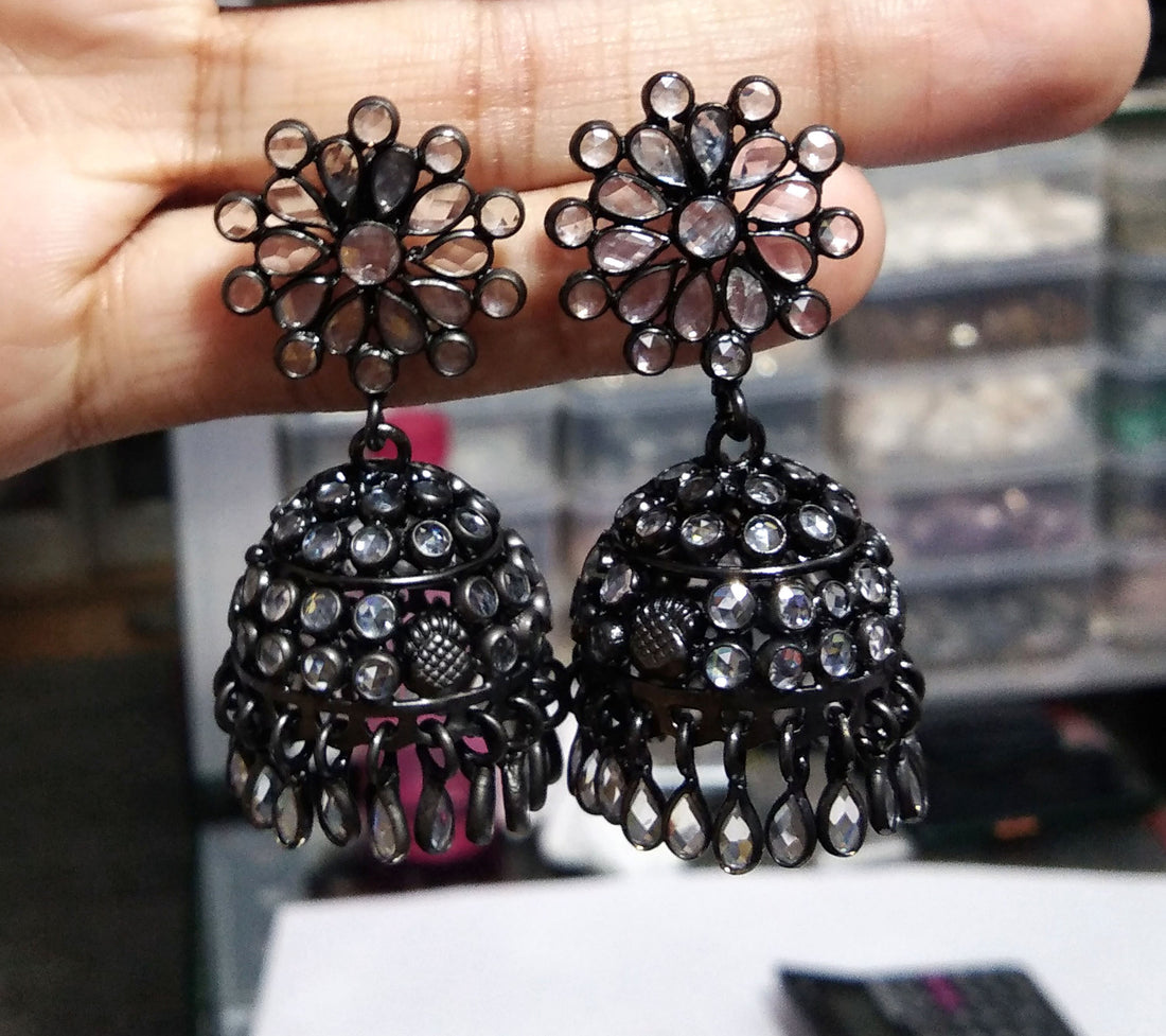 Natural White Zircon Jhumka Earrings, 925 Solid Starling Silver Black Plated Jhumka Earring, Rajasthani style jumka Earrings, Gift Earring