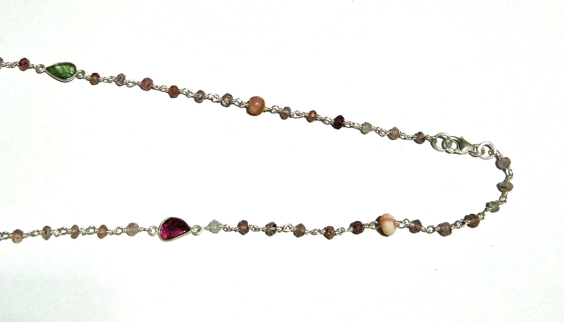 Natural Cherry Quartz/Tourmaline Carving Beads Stone Chain Necklace, 925 Starling Silver Chain 44''Inches Gift Beads Chain Necklace Jewelry