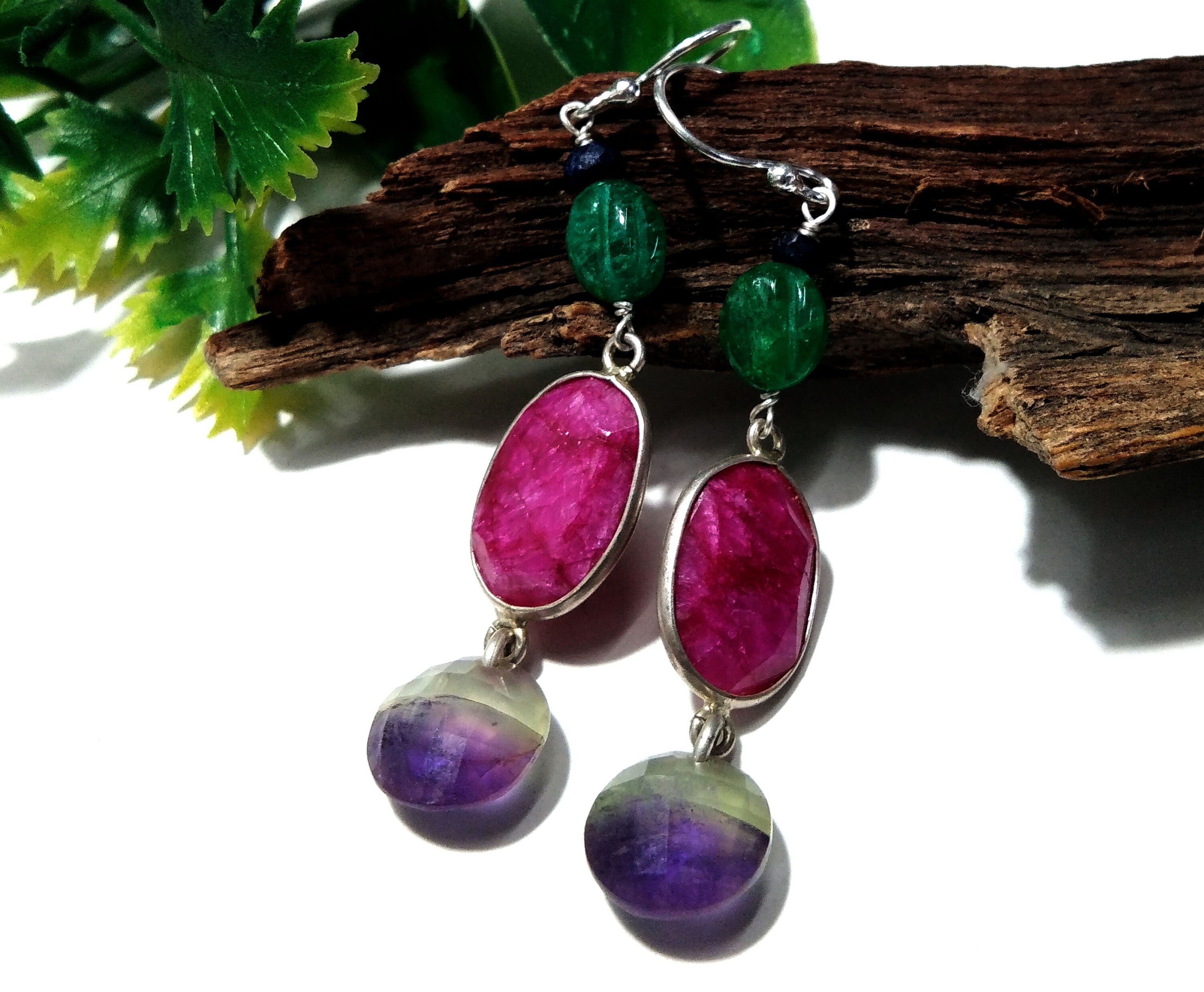Natural Doublet Gemstone Amethyst & Ruby Multi Stone Earring, 925 Sterling Silver Earring Jewelry, For Girls/Women, Gift Earring