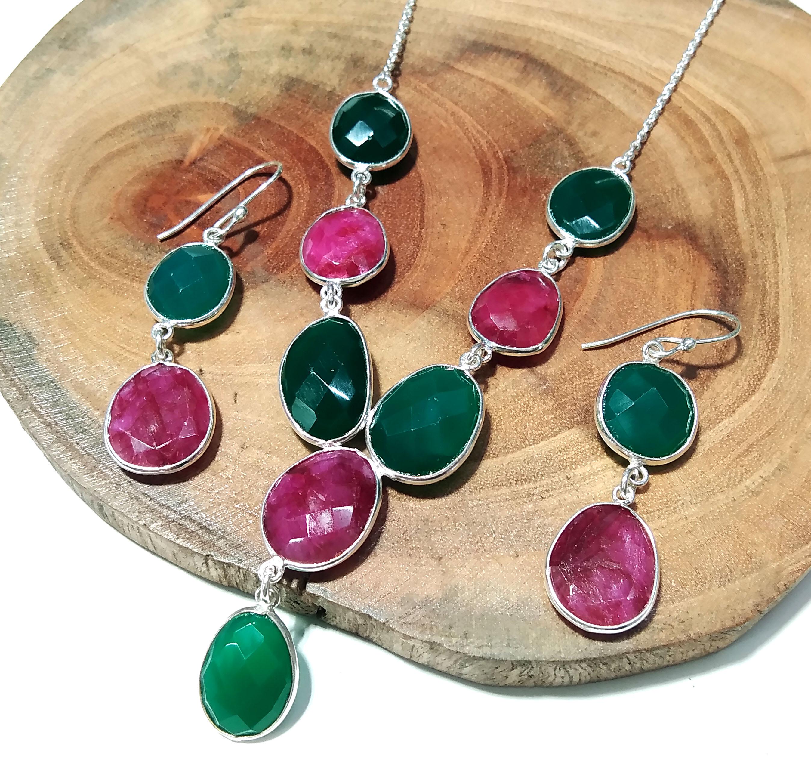 Natural Green Onyx & Red Ruby Necklace and Earring Jewelry Set, 925 Sterling Silver Necklace Earring Jewelry, Gift For Women Birthstone