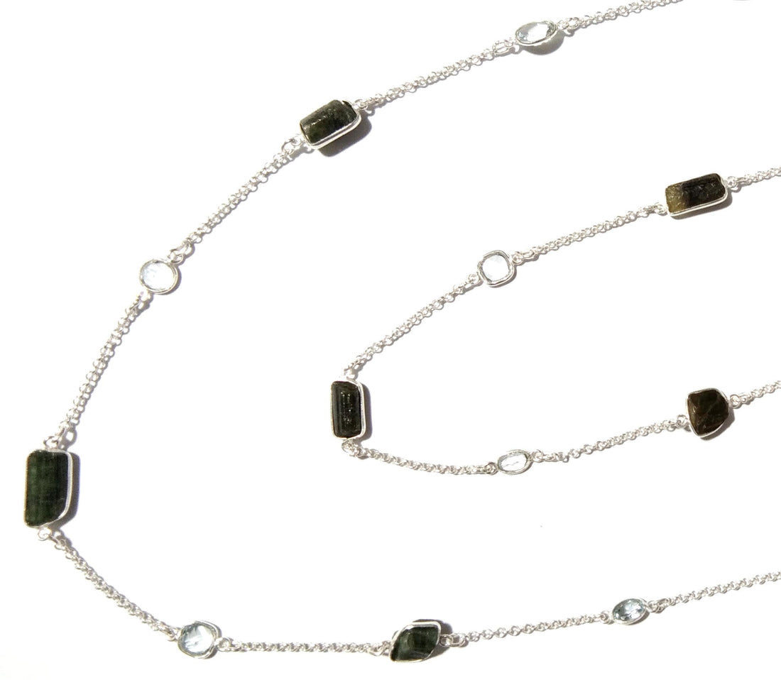 Beautiful Nice Log Necklace ! ALL Natural Gemstone Tourmaline Rough & White Topaz Log Bezel Necklace With 925 Starling Silver Length 36 inch